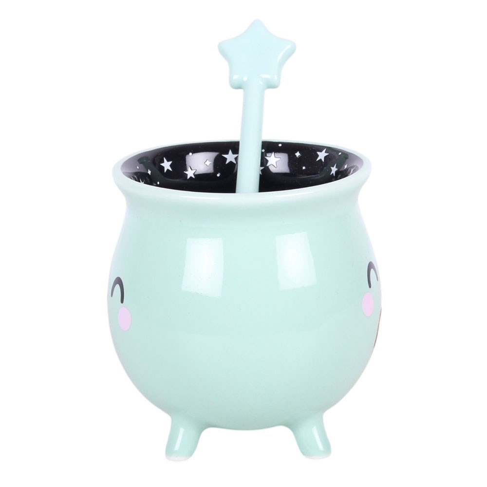 Mint Green Ceramic Cauldron Mug with Star Wand Stirrer3