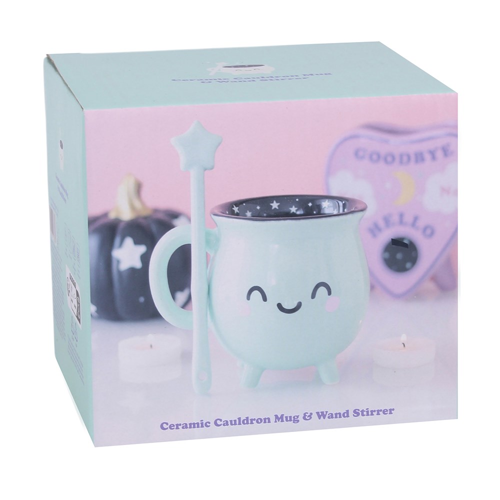 Mint Green Ceramic Cauldron Mug with Star Wand Stirrer4
