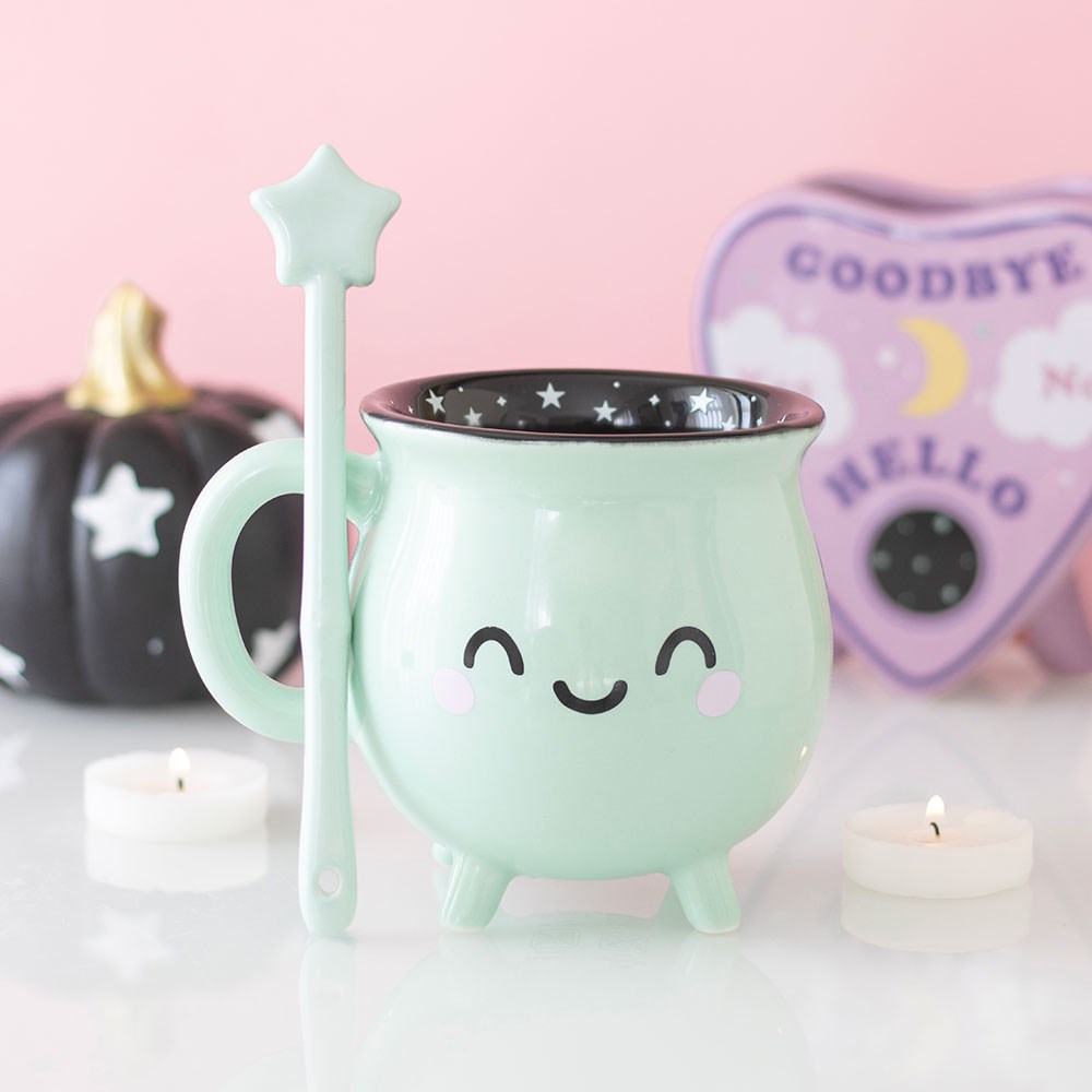 Mint Green Ceramic Cauldron Mug with Star Wand Stirrer5