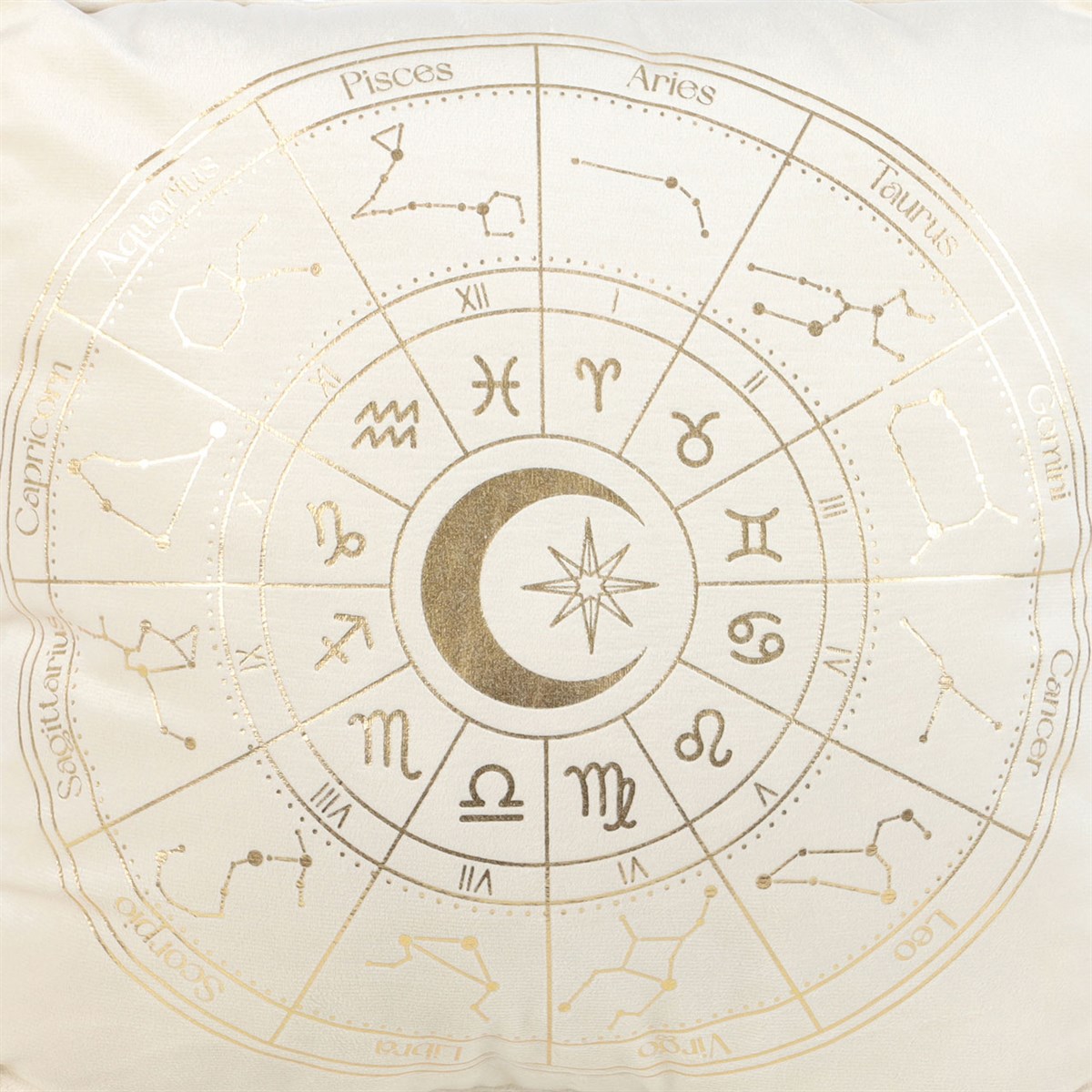Off-White & Gold Metallic Astrology Wheel Square Cushion with Tassels (35cm)1