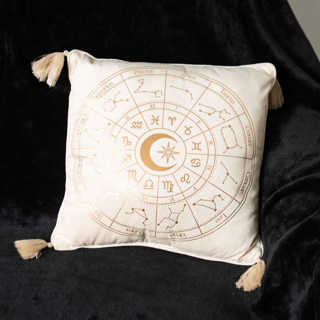 Off-White & Gold Metallic Astrology Wheel Square Cushion with Tassels (35cm)3