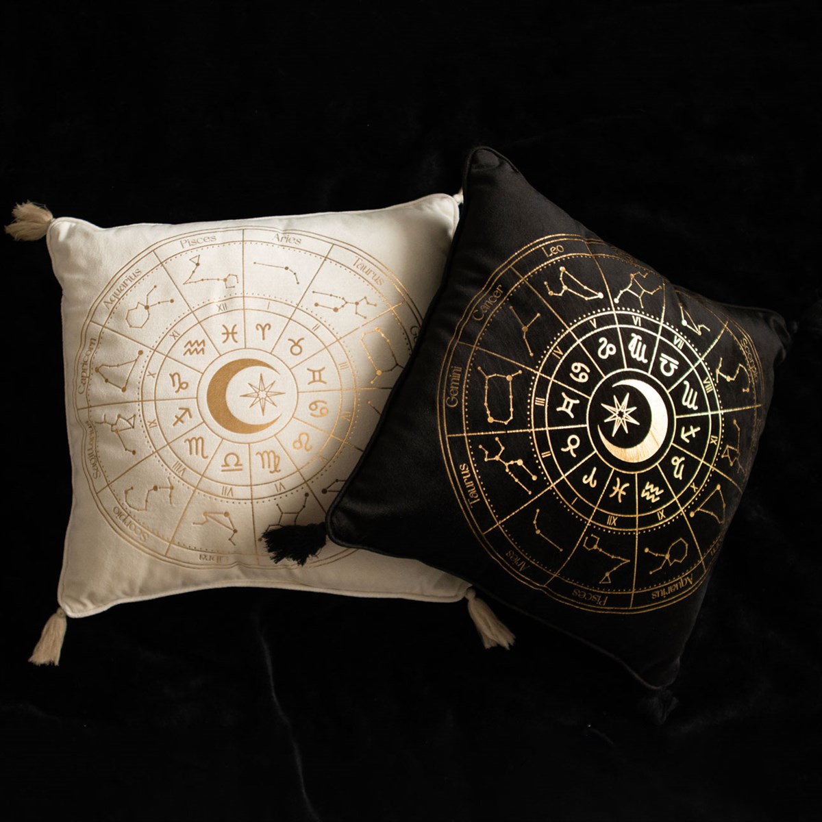 Off-White & Gold Metallic Astrology Wheel Square Cushion with Tassels (35cm)4