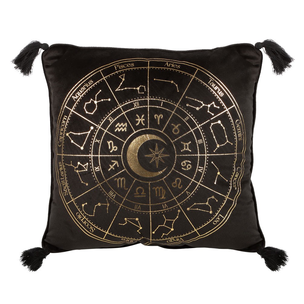 Black & Gold Metallic Astrology Wheel Square Cushion with Tassels (35cm)