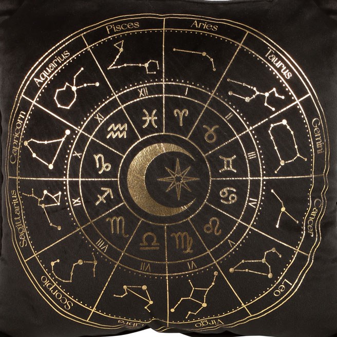 Black & Gold Metallic Astrology Wheel Square Cushion with Tassels (35cm)1