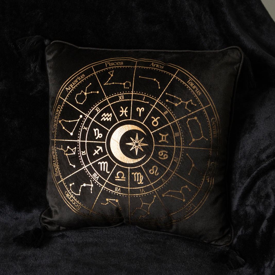 Black & Gold Metallic Astrology Wheel Square Cushion with Tassels (35cm)3