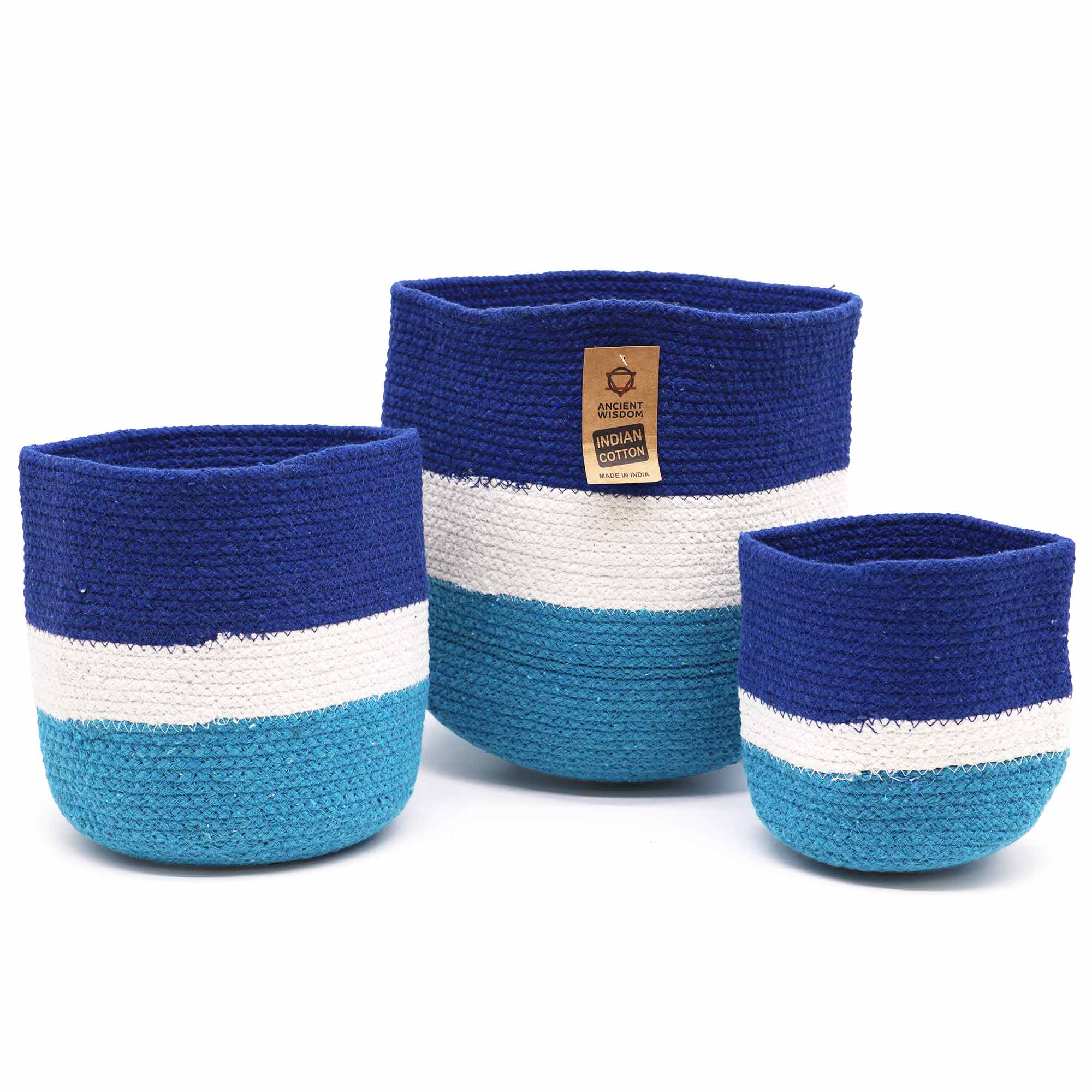 Set of 3 Woven Jute Rope Storage Baskets - Evil Eye Decor