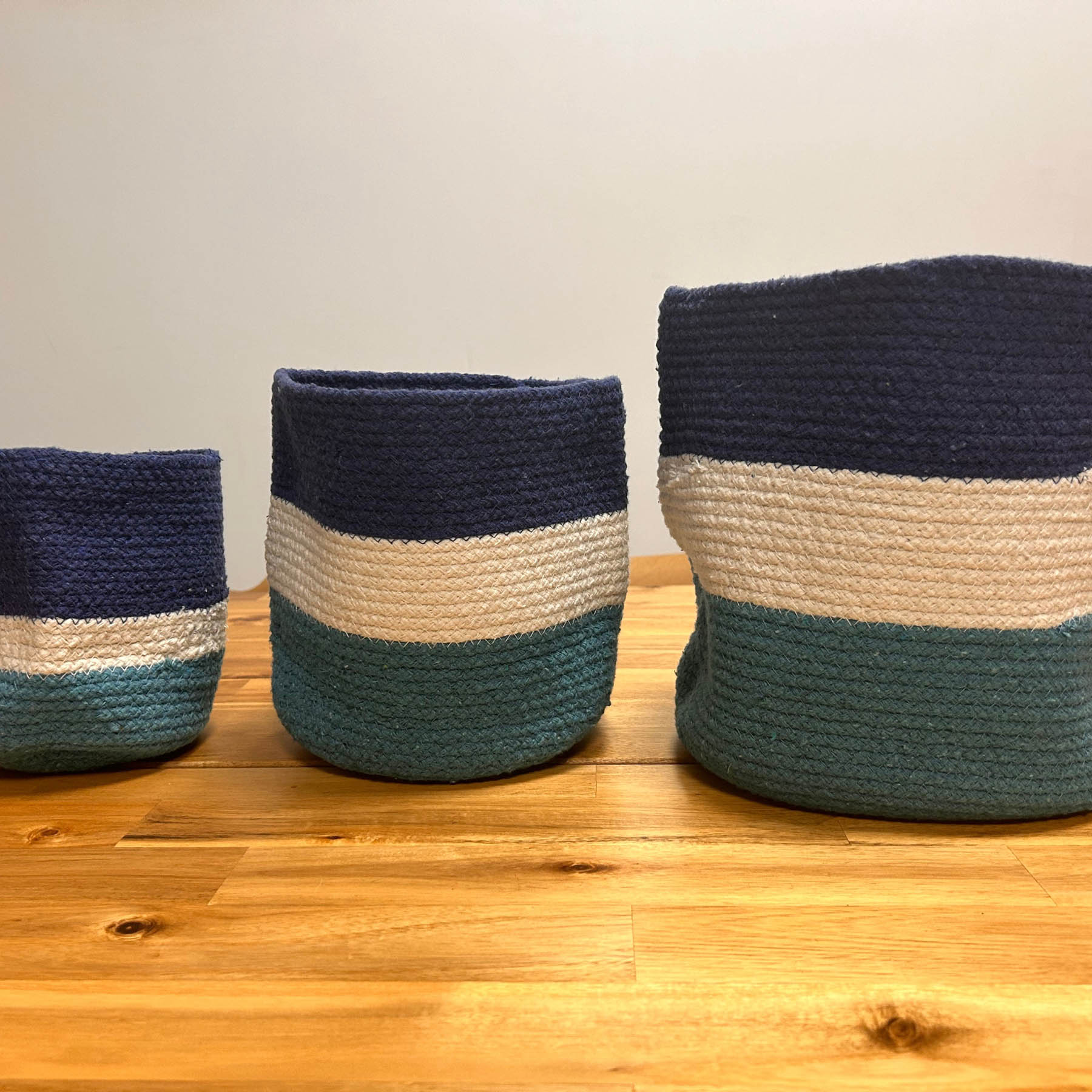 Set of 3 Woven Jute Rope Storage Baskets - Evil Eye Decor1