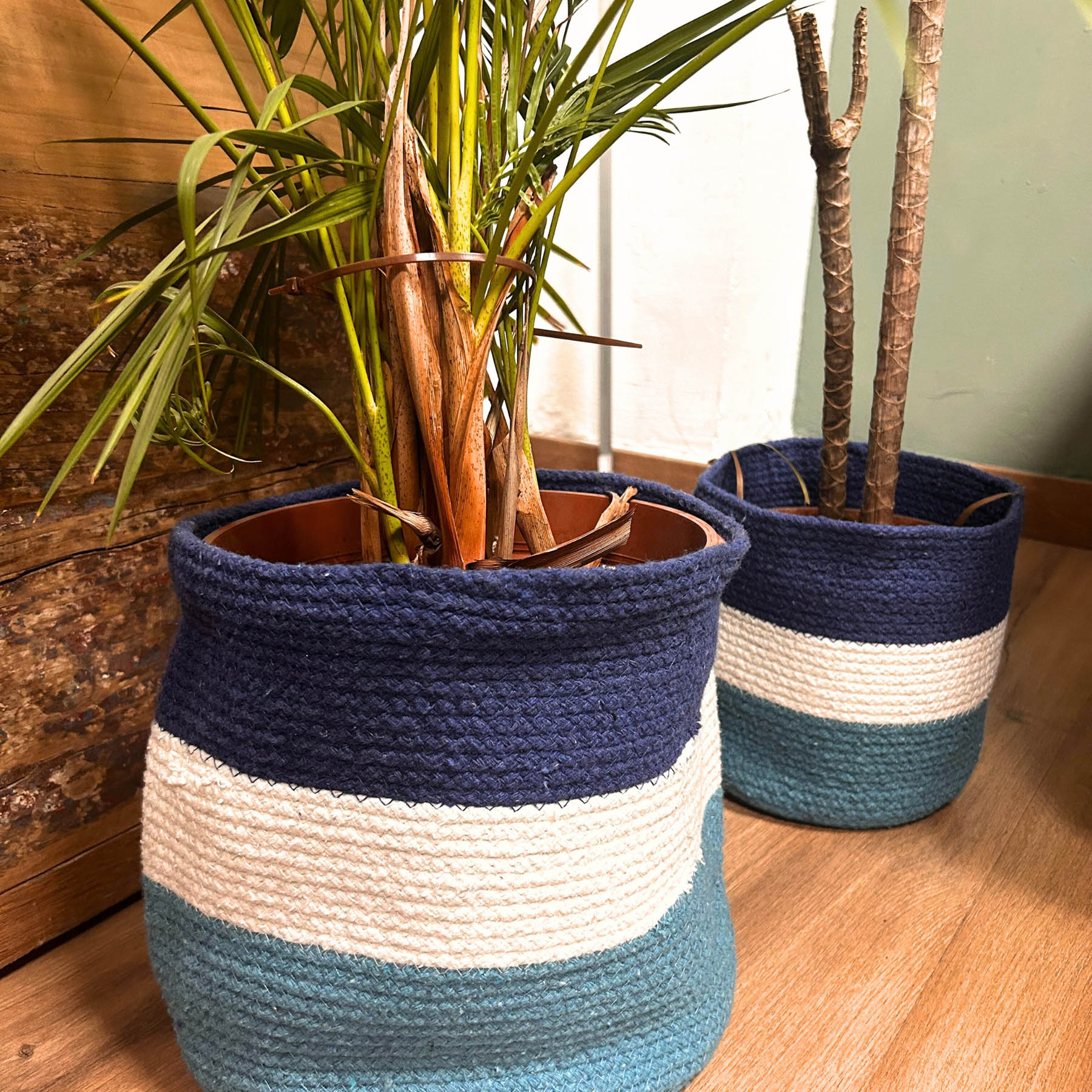 Set of 3 Woven Jute Rope Storage Baskets - Evil Eye Decor3