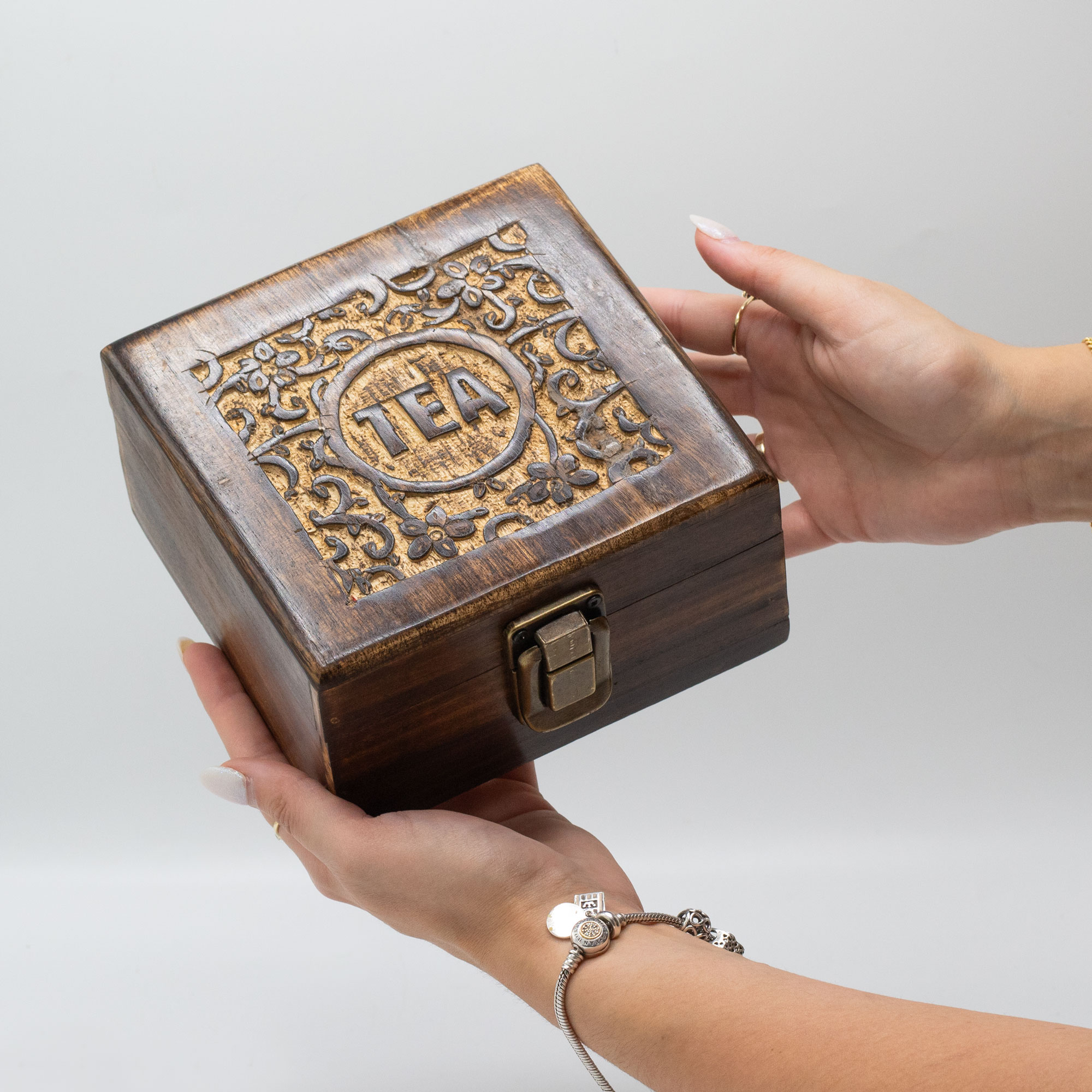 Carved Mango Wood Tea Box - 4 Compartments3