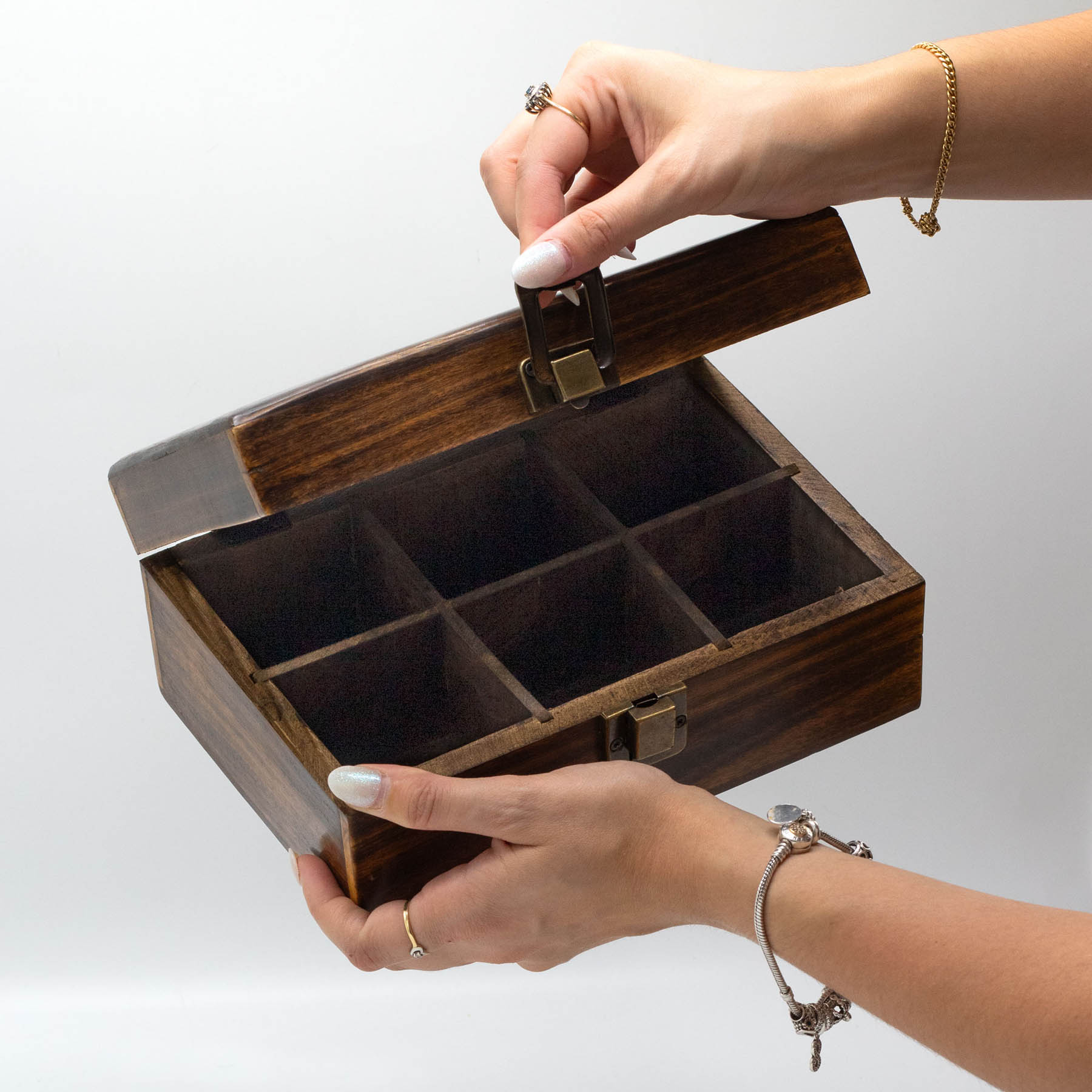 Carved Mango Wood Tea Box - 6 Compartments3