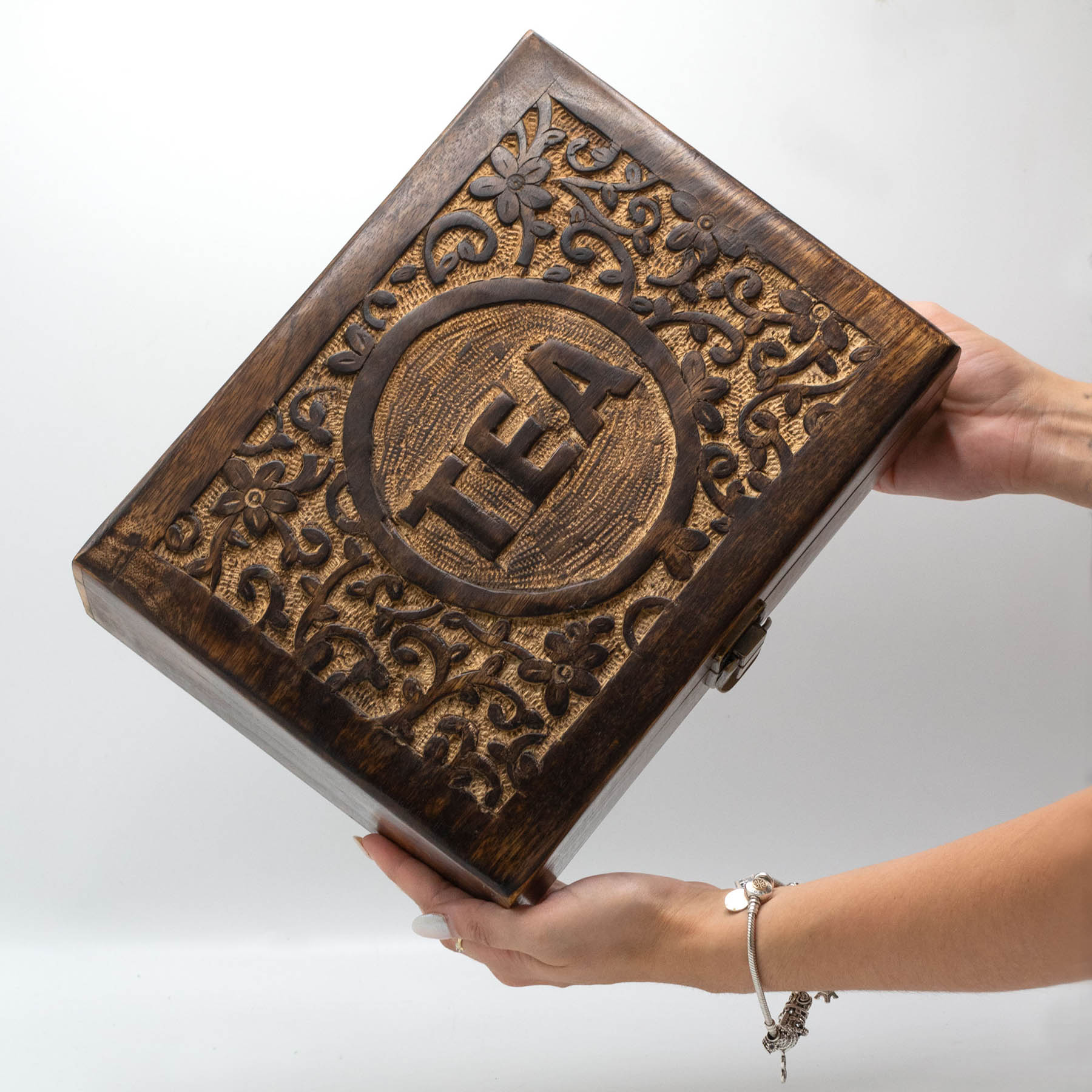 Carved Mango Wood Tea Box - 12 Compartments3