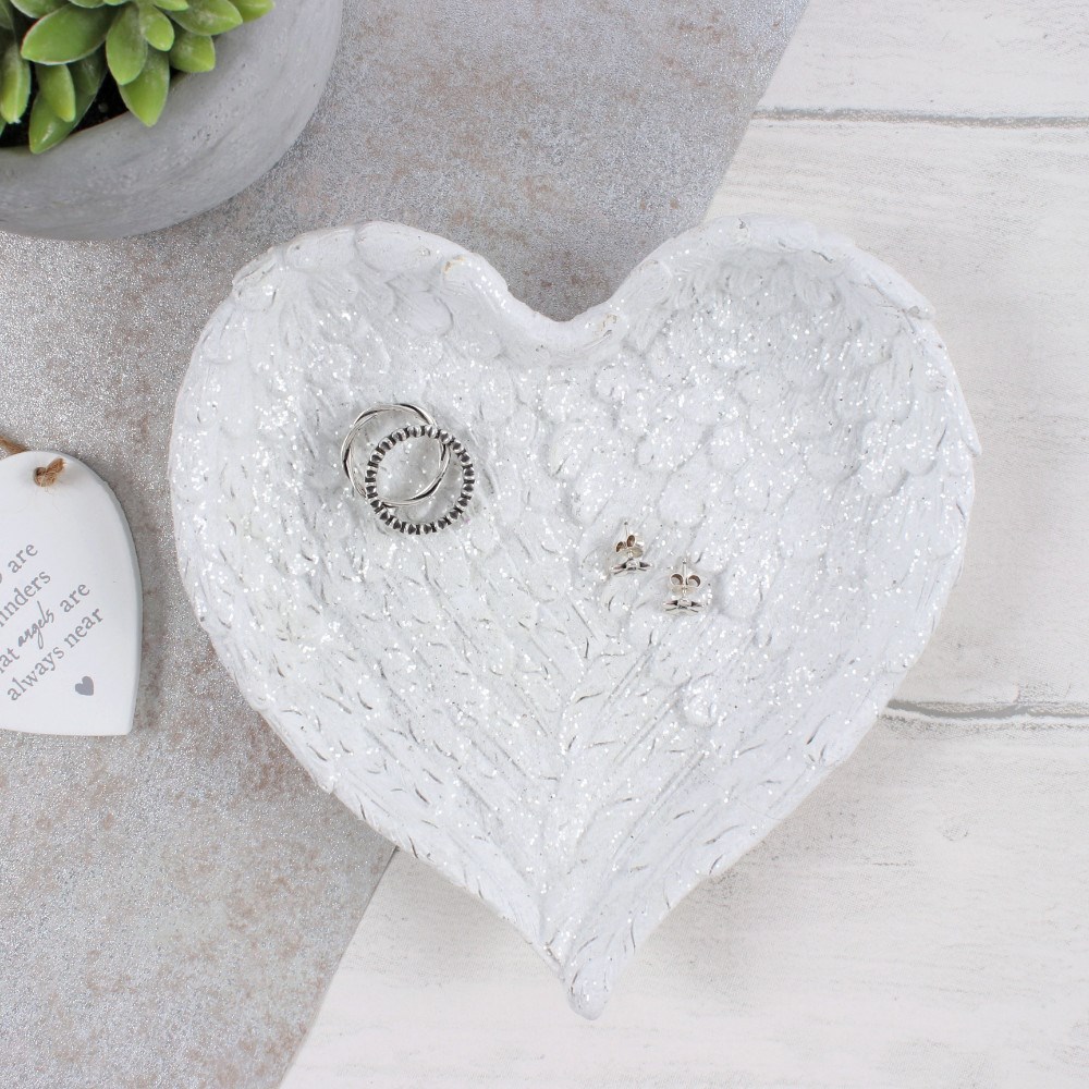 Glitter Heart Shaped Angel Wing Trinket Dish | Jewellery Holder
