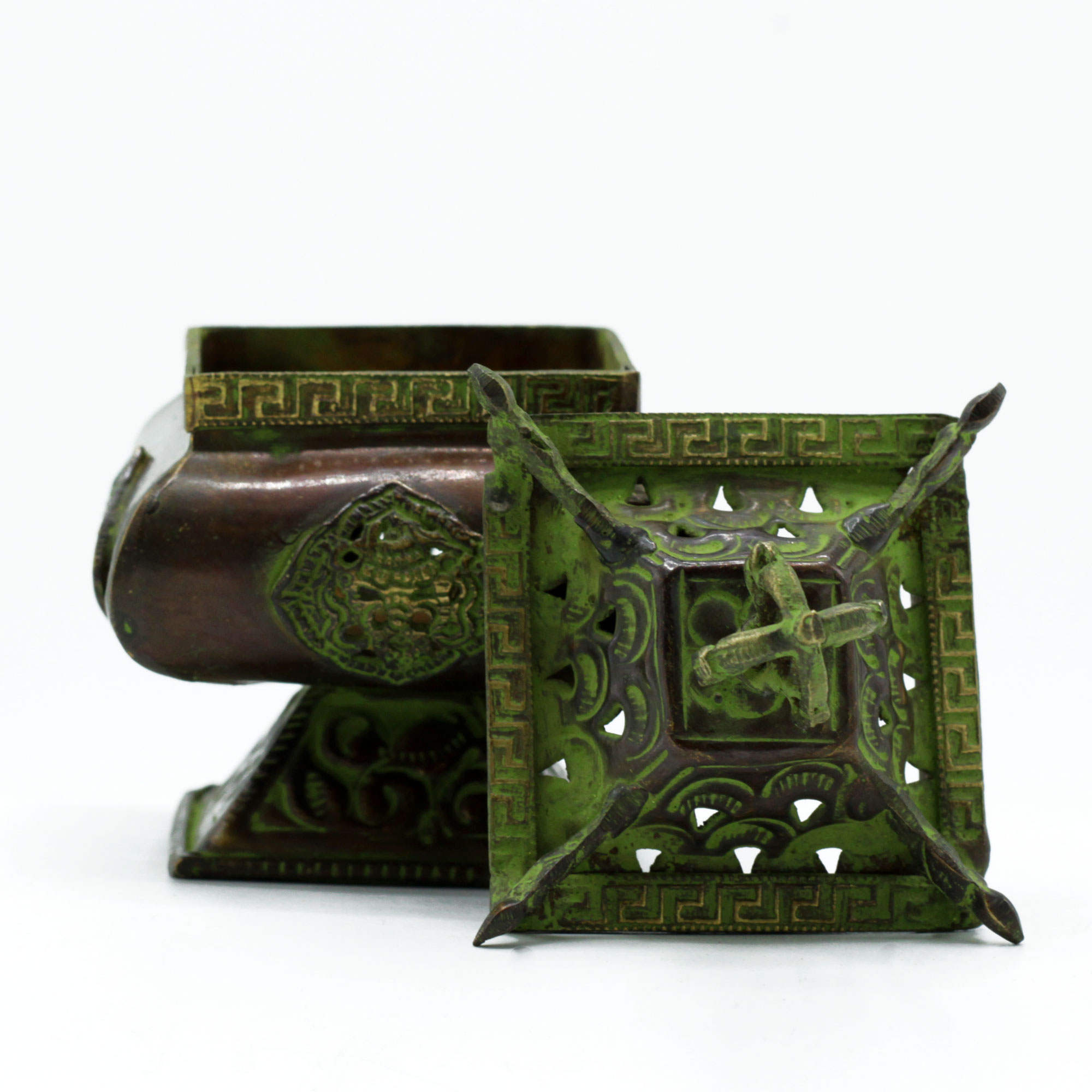 Brass Verdigris Tibetan Incense Burner - Four Symbols1