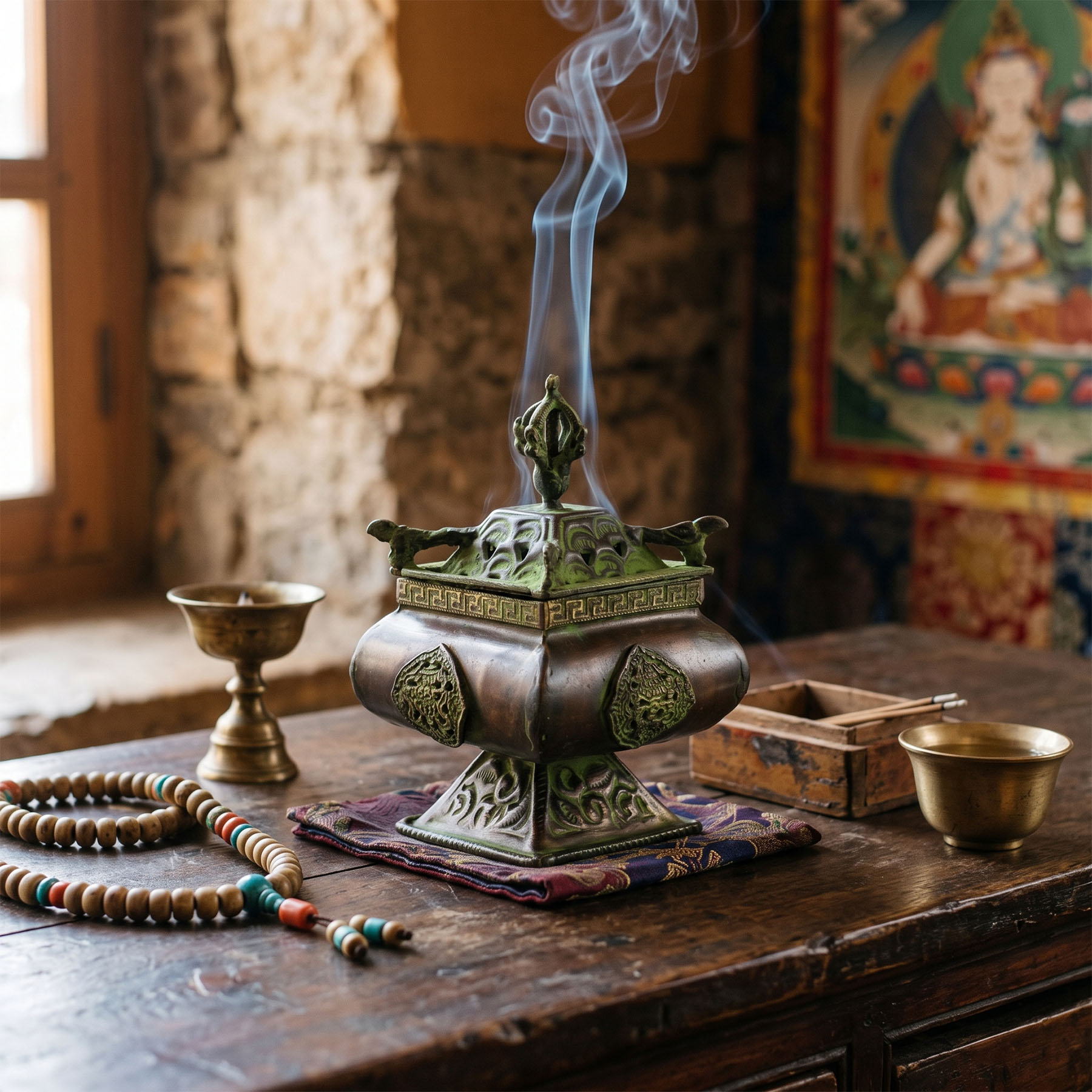 Brass Verdigris Tibetan Incense Burner - Four Symbols2