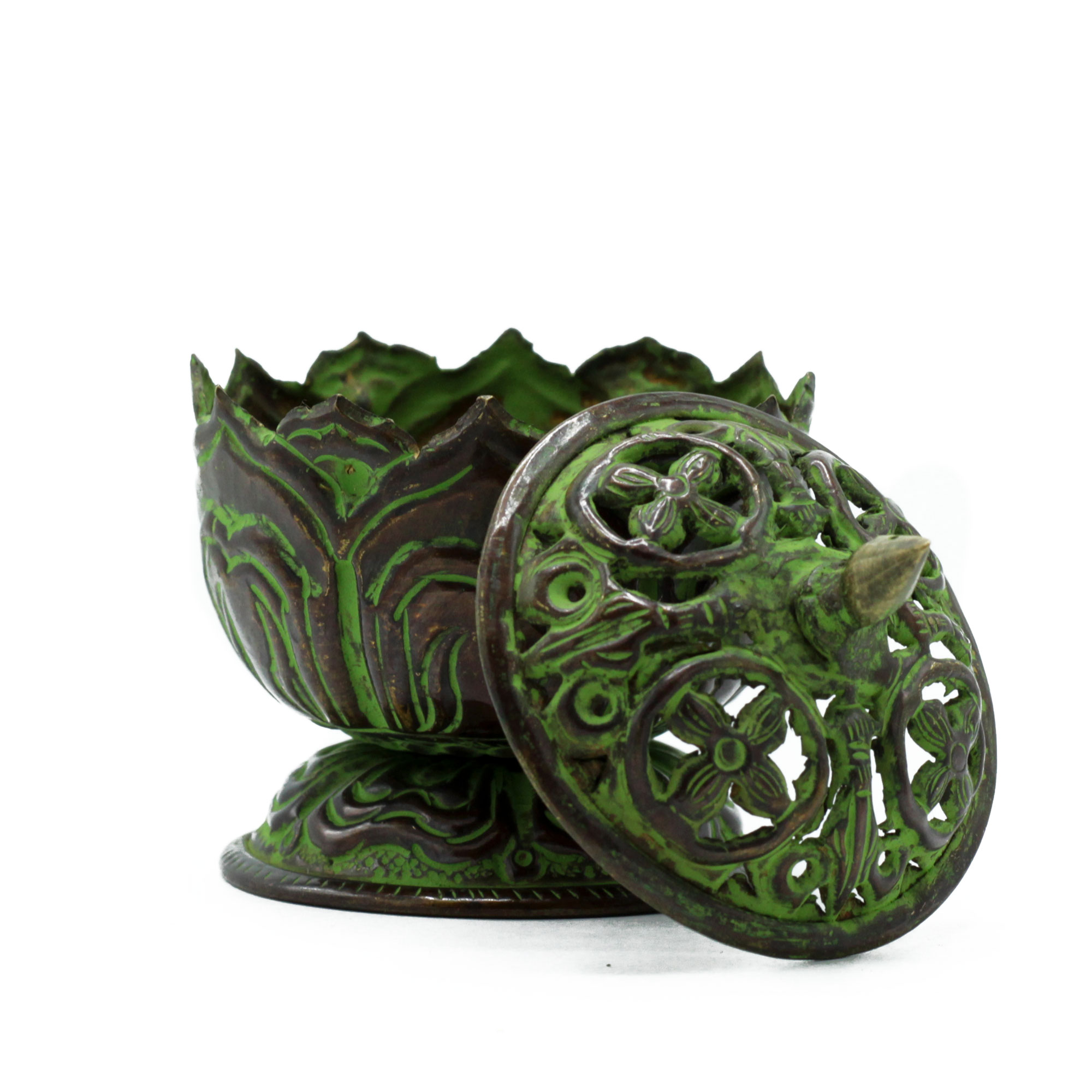 Brass Verdigris Tibetan Incense Burner - Small Lotus1