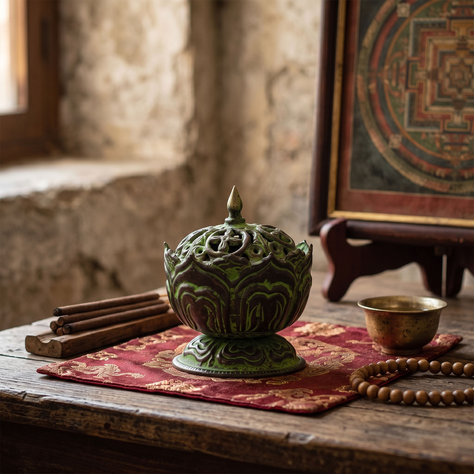 Brass Verdigris Tibetan Incense Burner - Small Lotus2