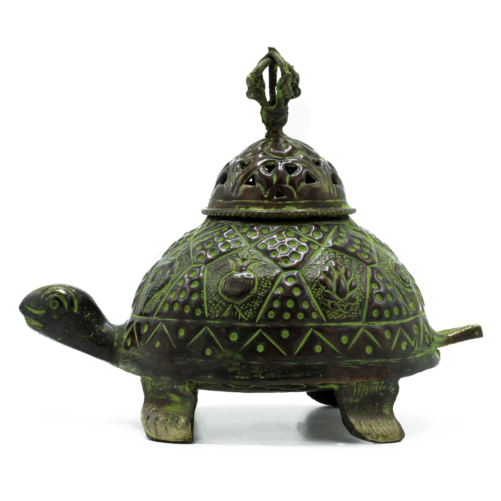 Brass Verdigris Tibetan Incense Burner - Large Turtle