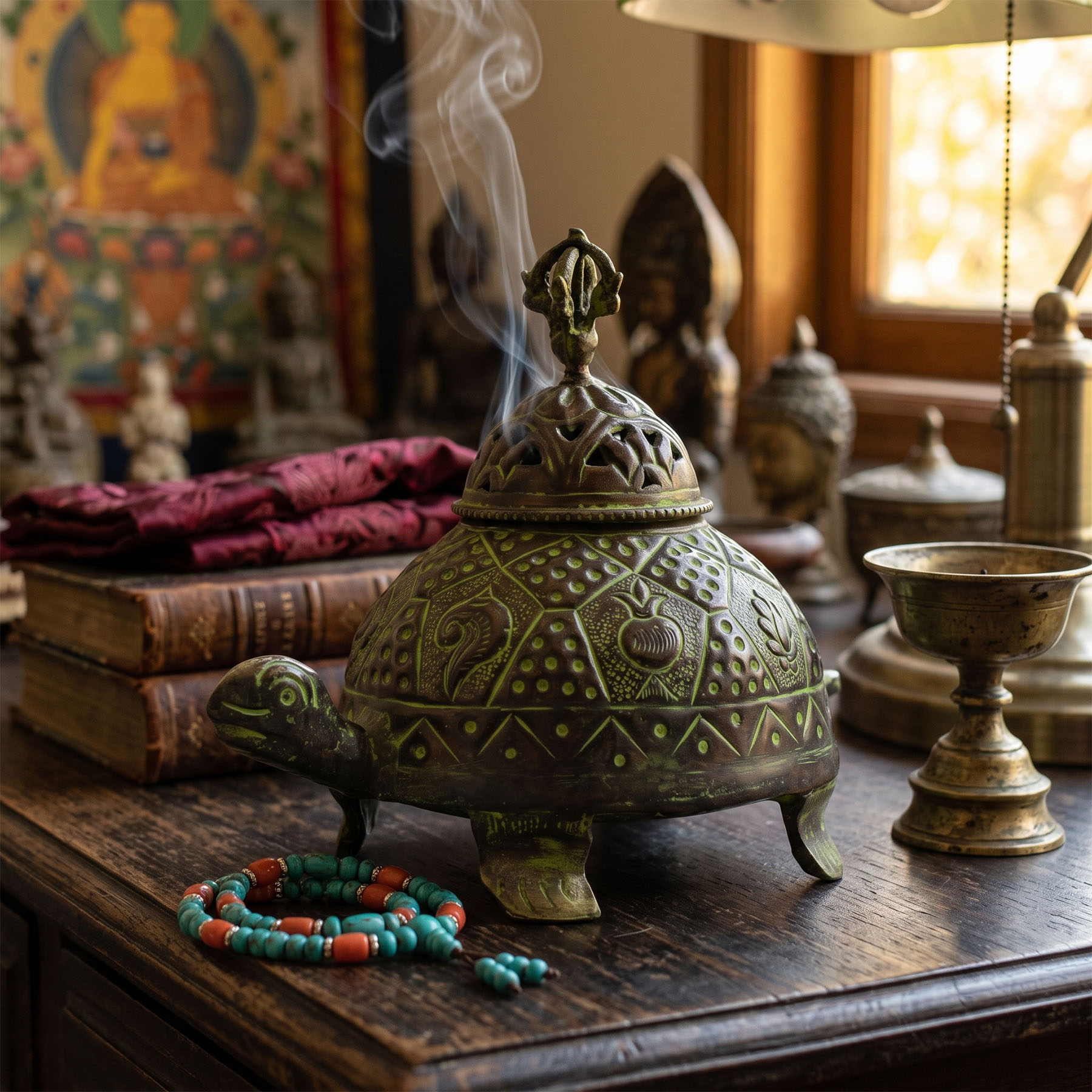 Brass Verdigris Tibetan Incense Burner - Large Turtle3