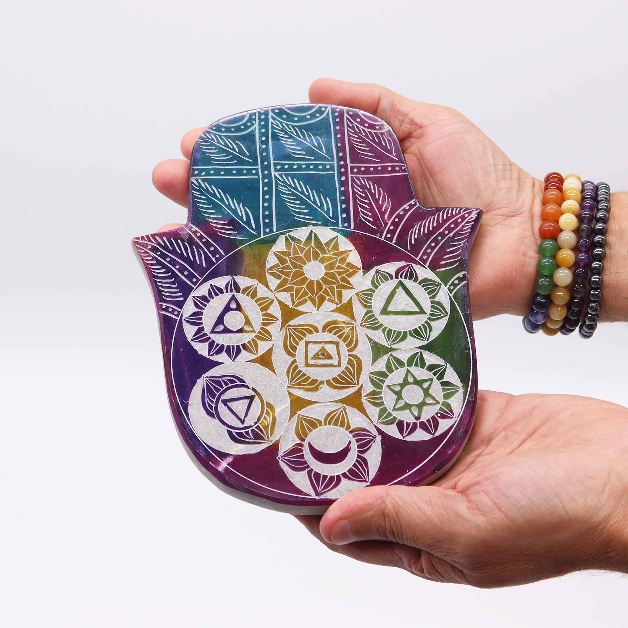 Large Soapstone Hamsa Hand Incense Holder – 7 Chakra2