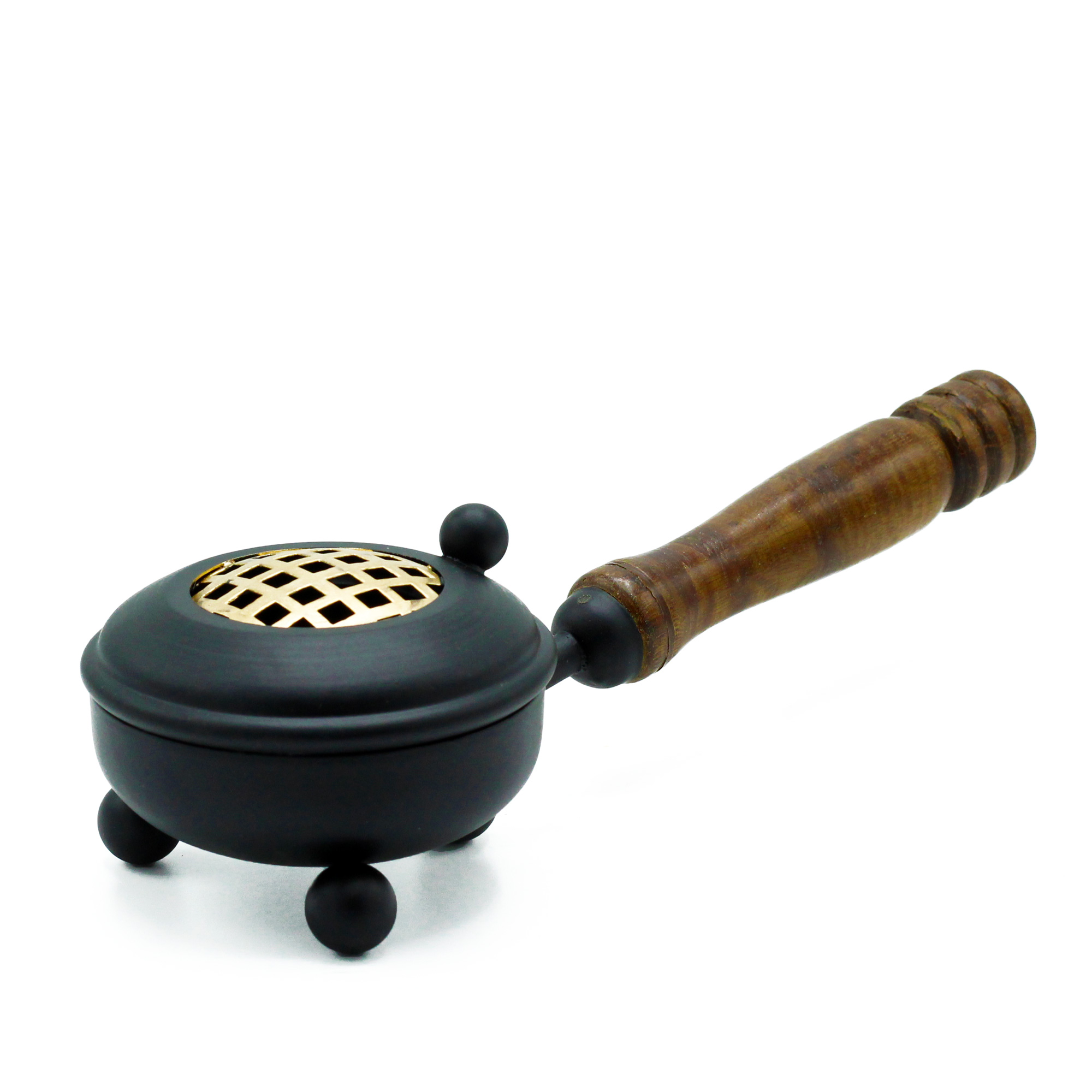 Cast Iron Incense Burner with Wooden Handle & Gold Detail - Medium