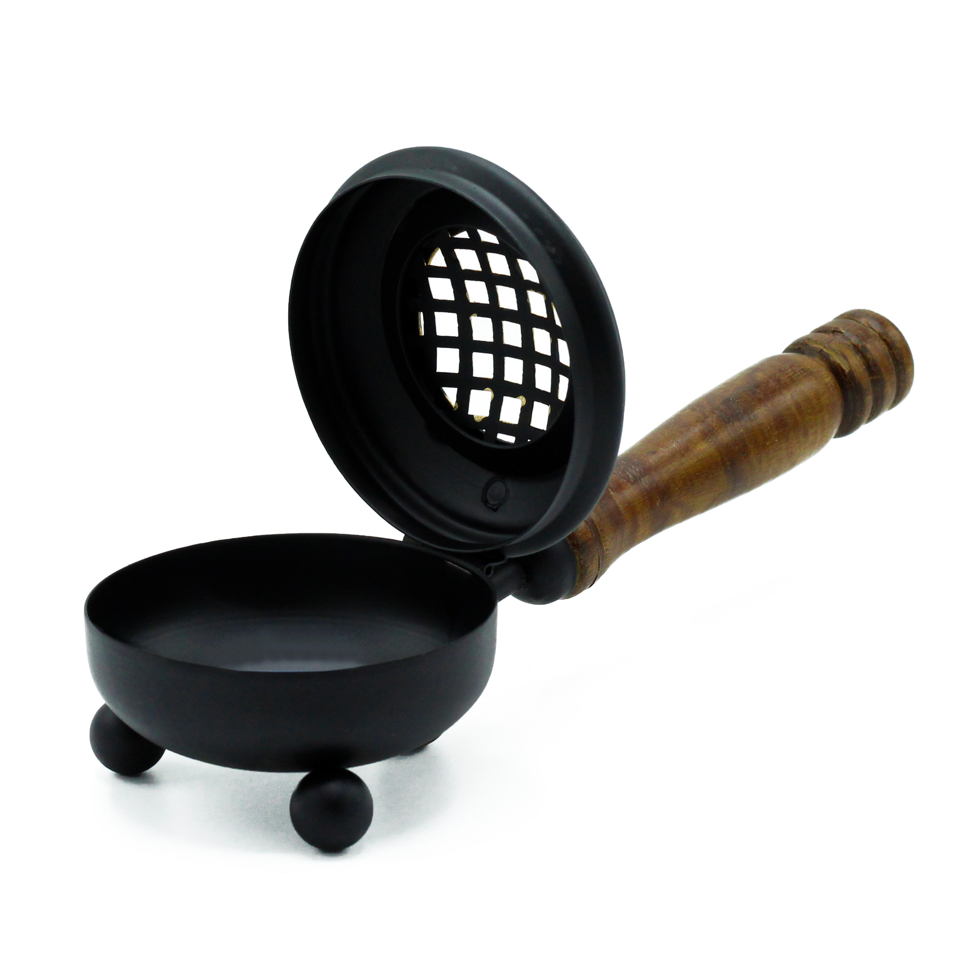 Cast Iron Incense Burner with Wooden Handle & Gold Detail - Medium1
