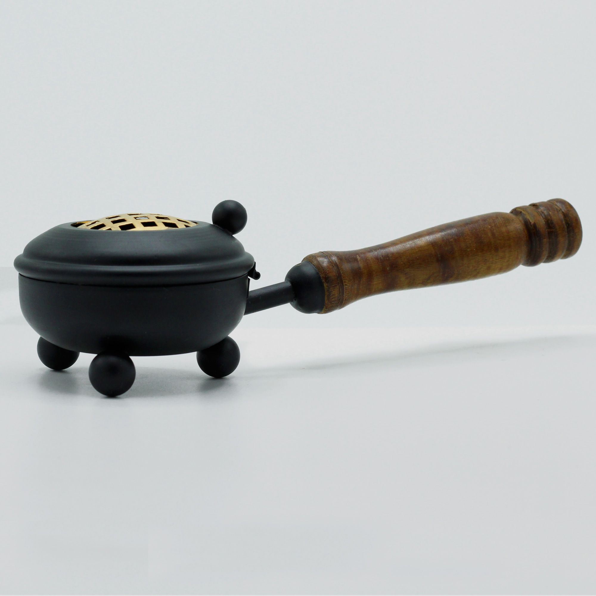 Cast Iron Incense Burner with Wooden Handle & Gold Detail - Medium2