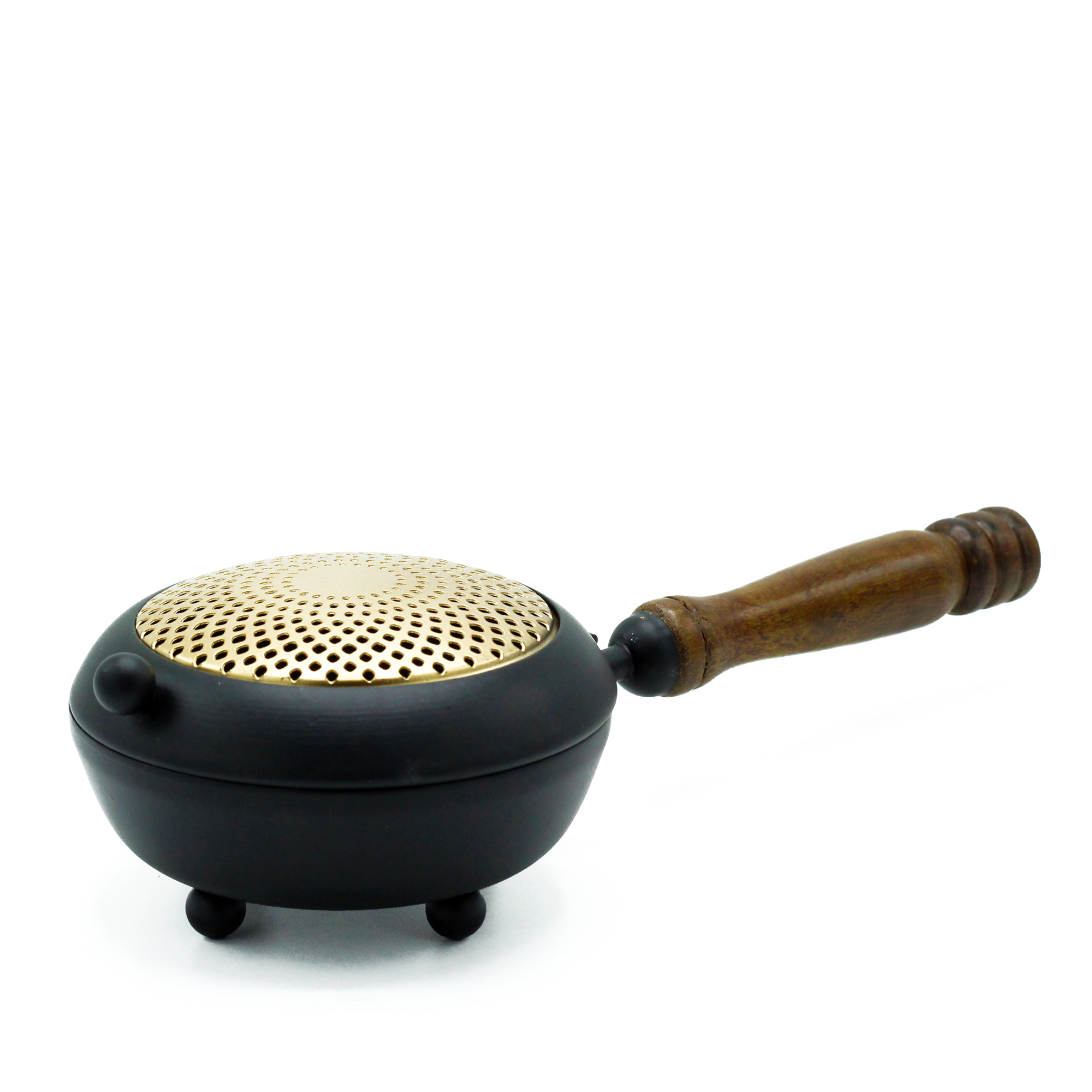 Cast Iron Incense Burner with Wooden Handle & Gold Detail - Large