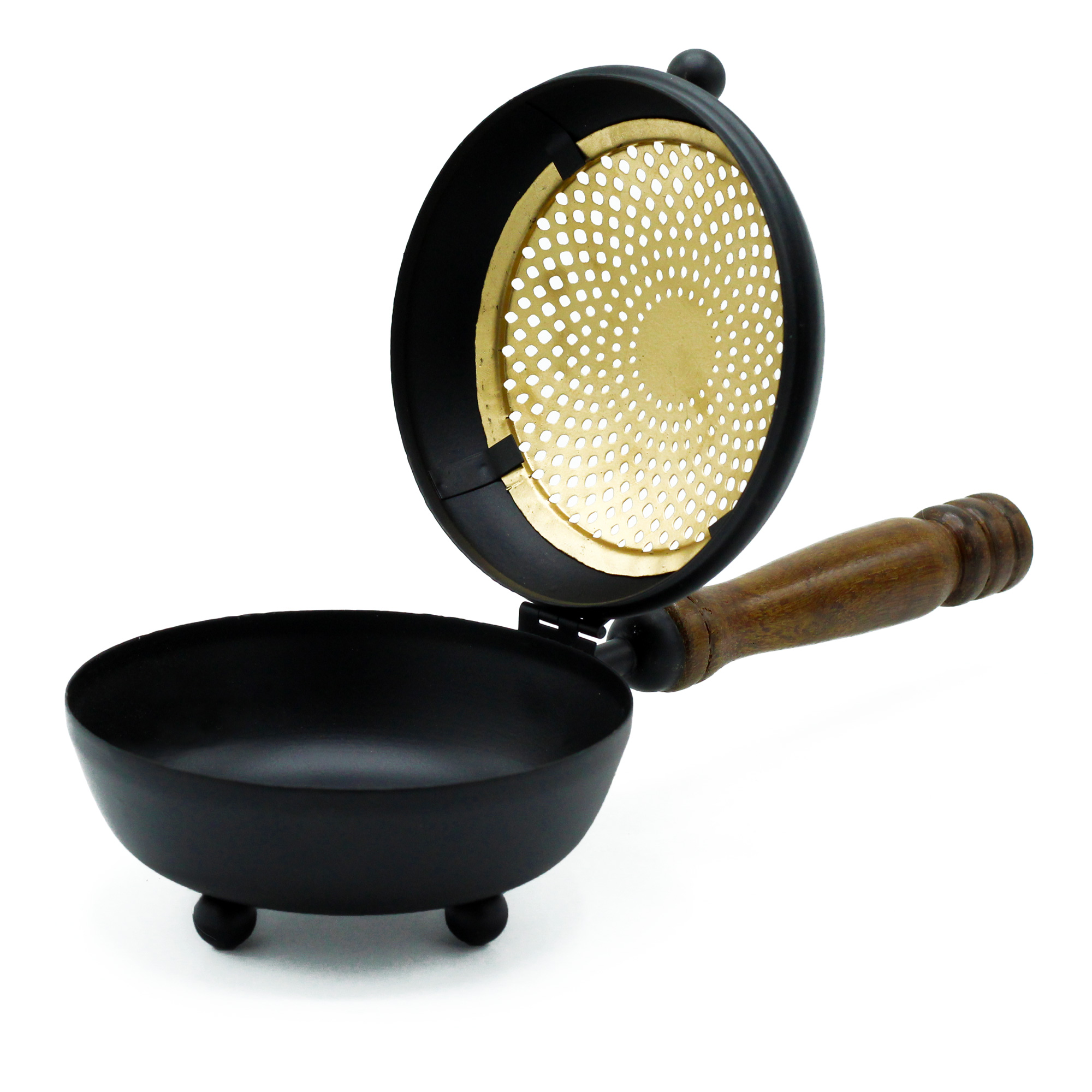 Cast Iron Incense Burner with Wooden Handle & Gold Detail - Large1