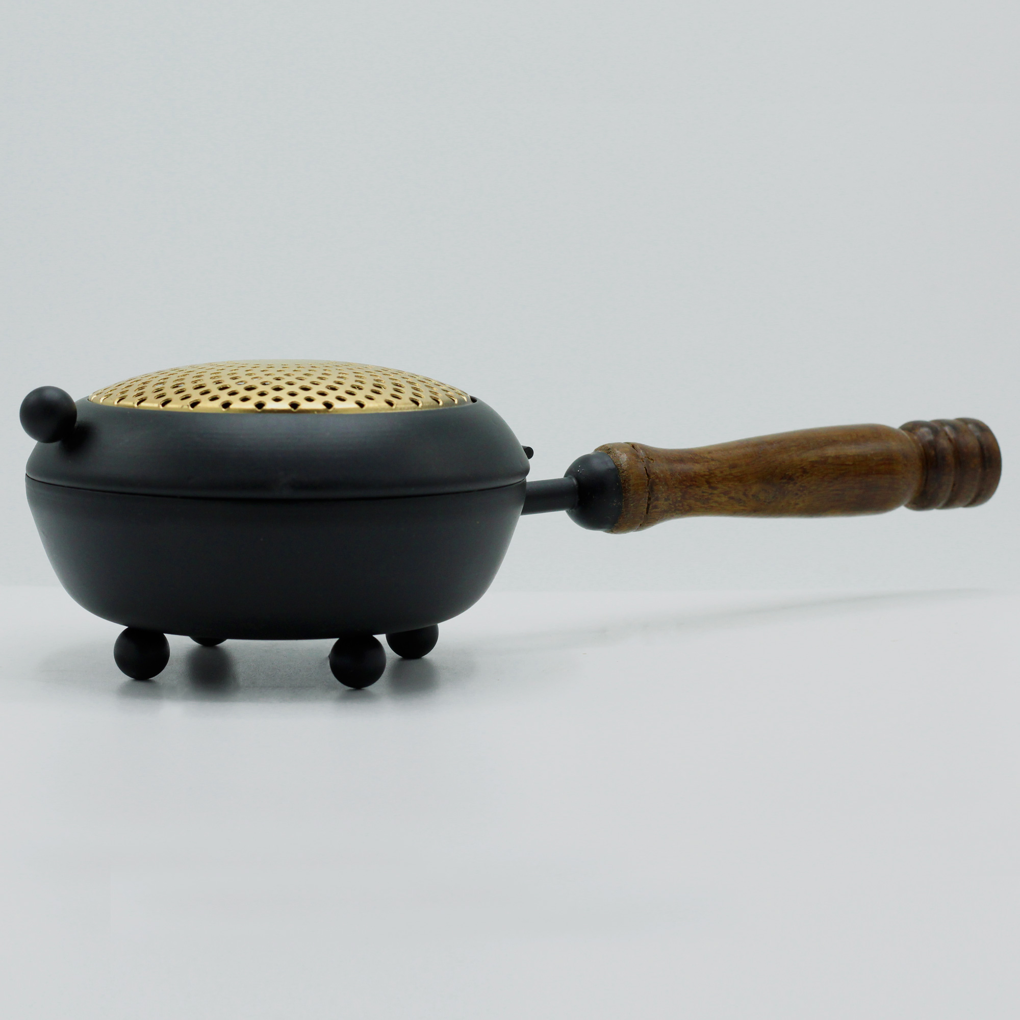 Cast Iron Incense Burner with Wooden Handle & Gold Detail - Large2