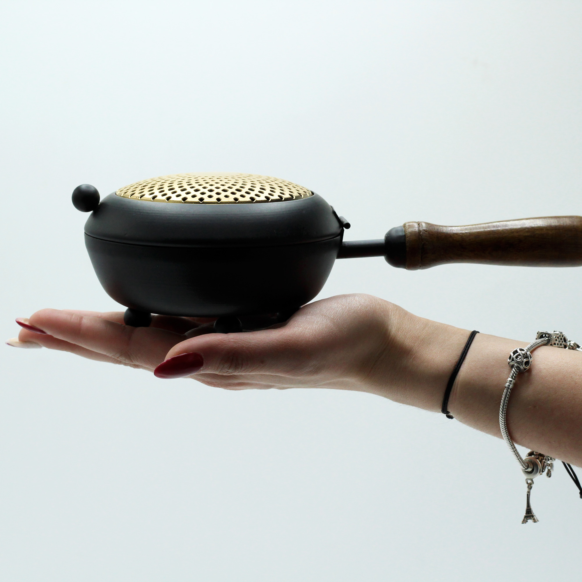 Cast Iron Incense Burner with Wooden Handle & Gold Detail - Large3