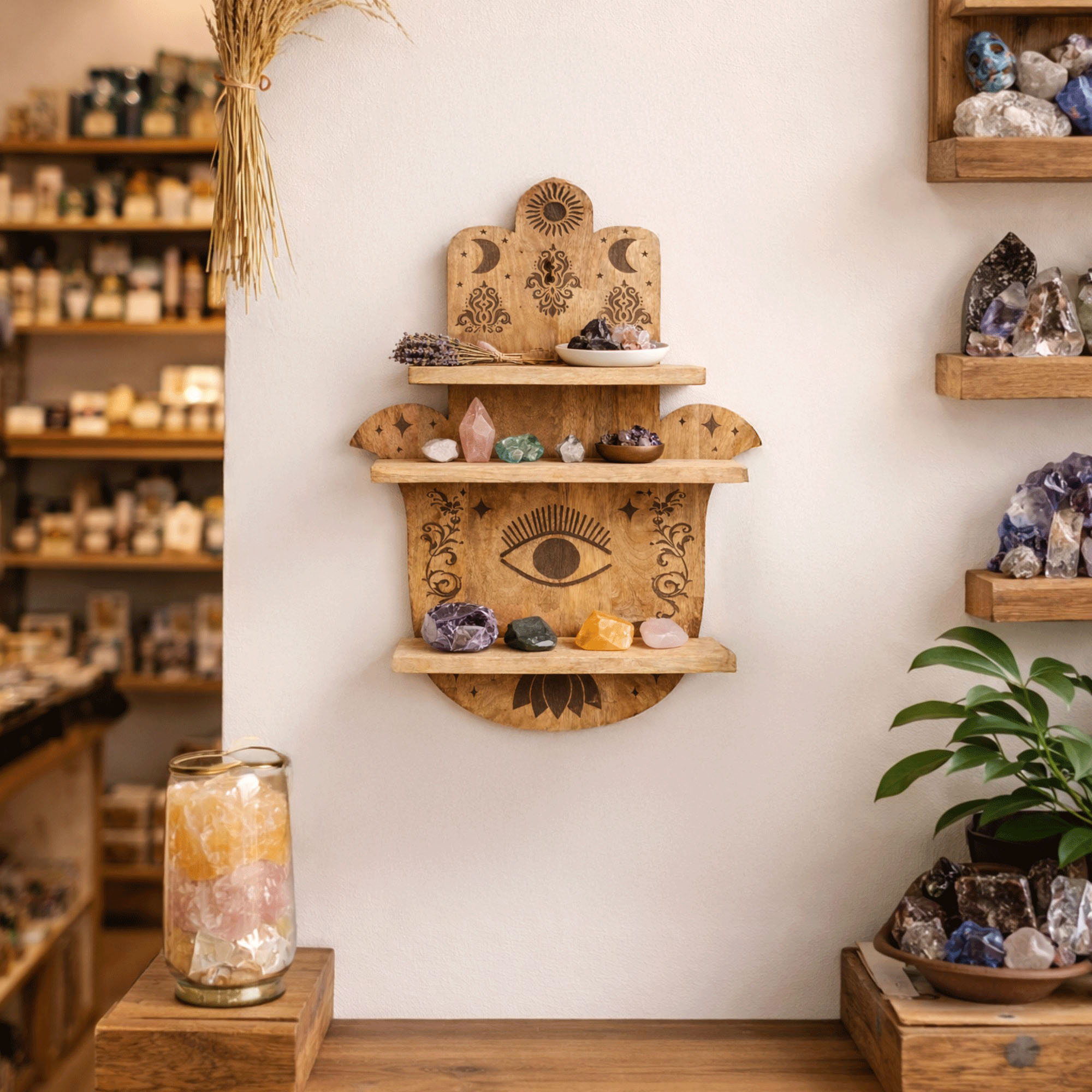 Hamsa Protection Symbol 3-Tier Mango Wood Shelf1