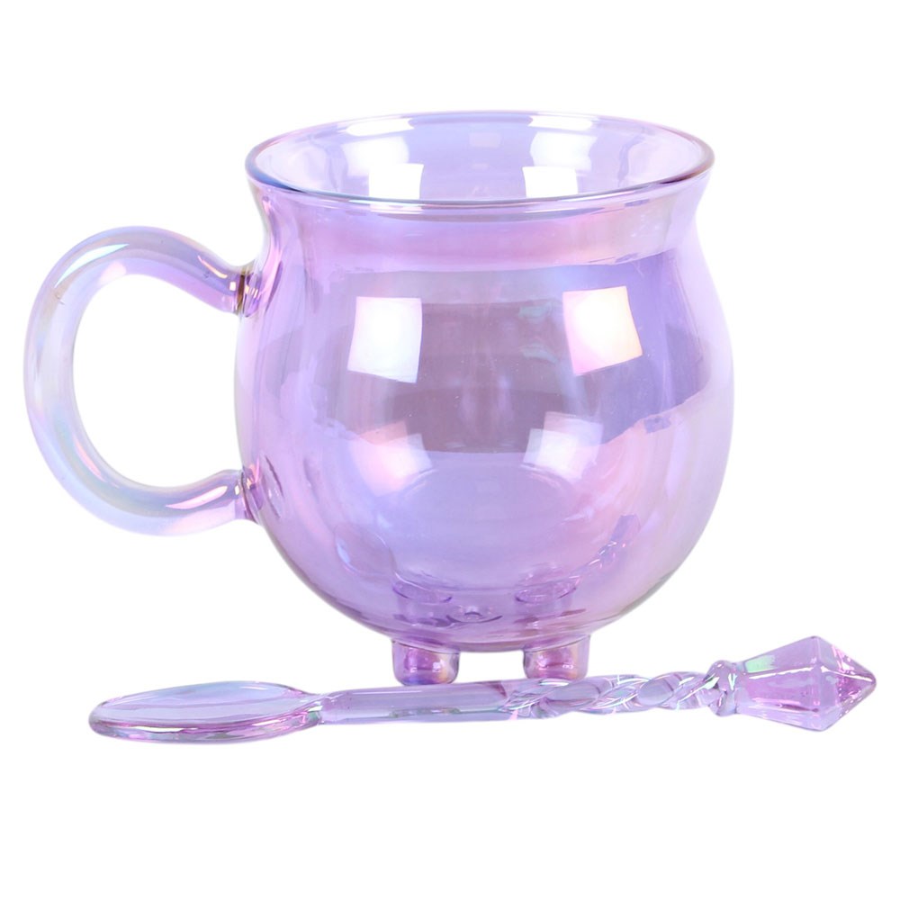 Purple Double Walled Glass Cauldron Mug & Spoon1
