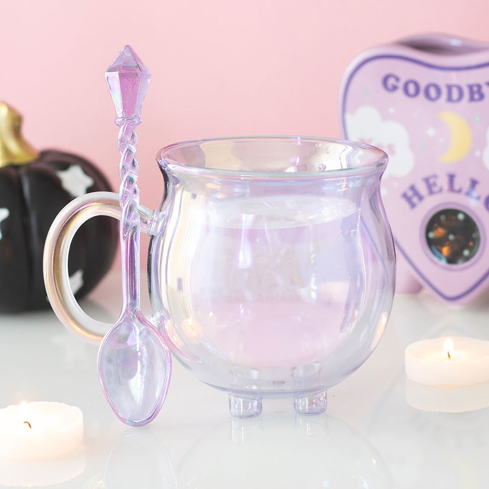 Purple Double Walled Glass Cauldron Mug & Spoon4