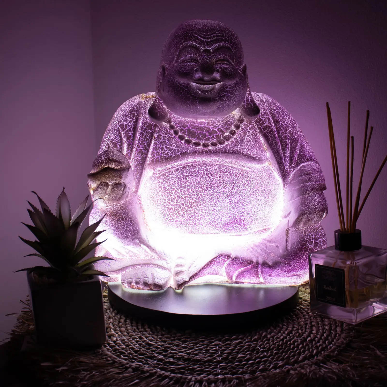 Lavender Crackle Laughing Buddha Lamp with Round Stand1