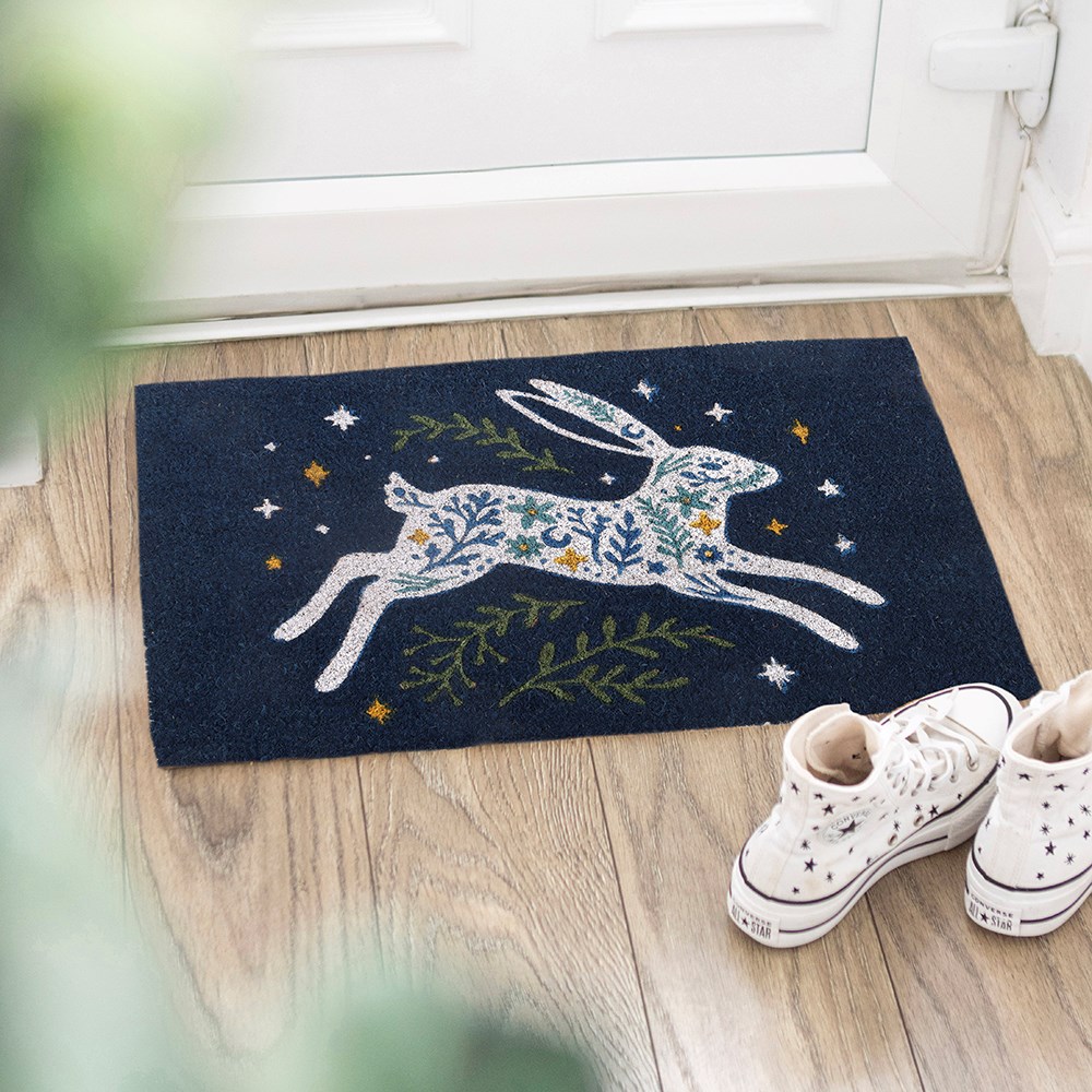 Midnight Blue Leaping Hare & Stars Doormat2
