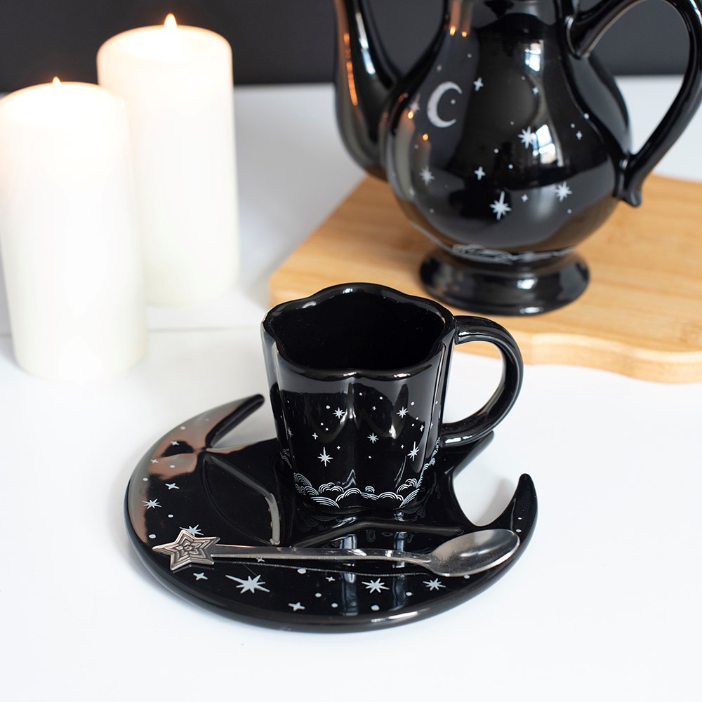 Spellbound Sky Black Espresso Cup, Moon Saucer & Spoon Set4