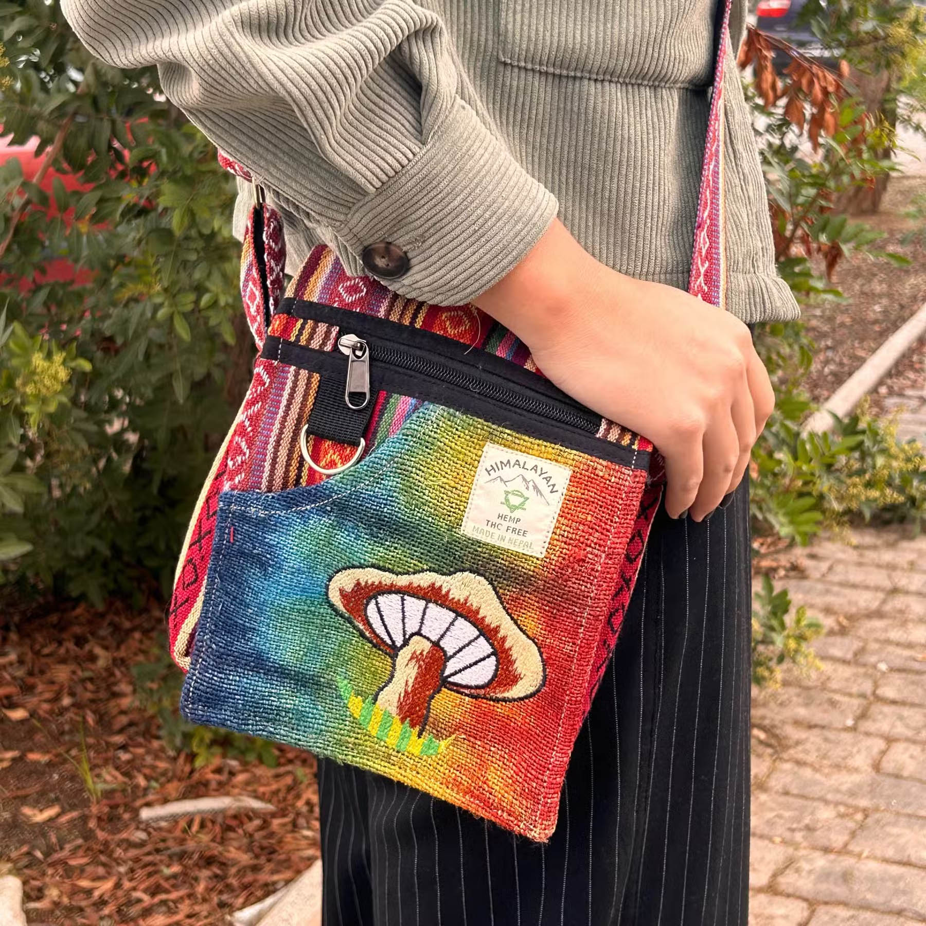 Embroidered Orange Mushroom Hemp Crossbody Bag3