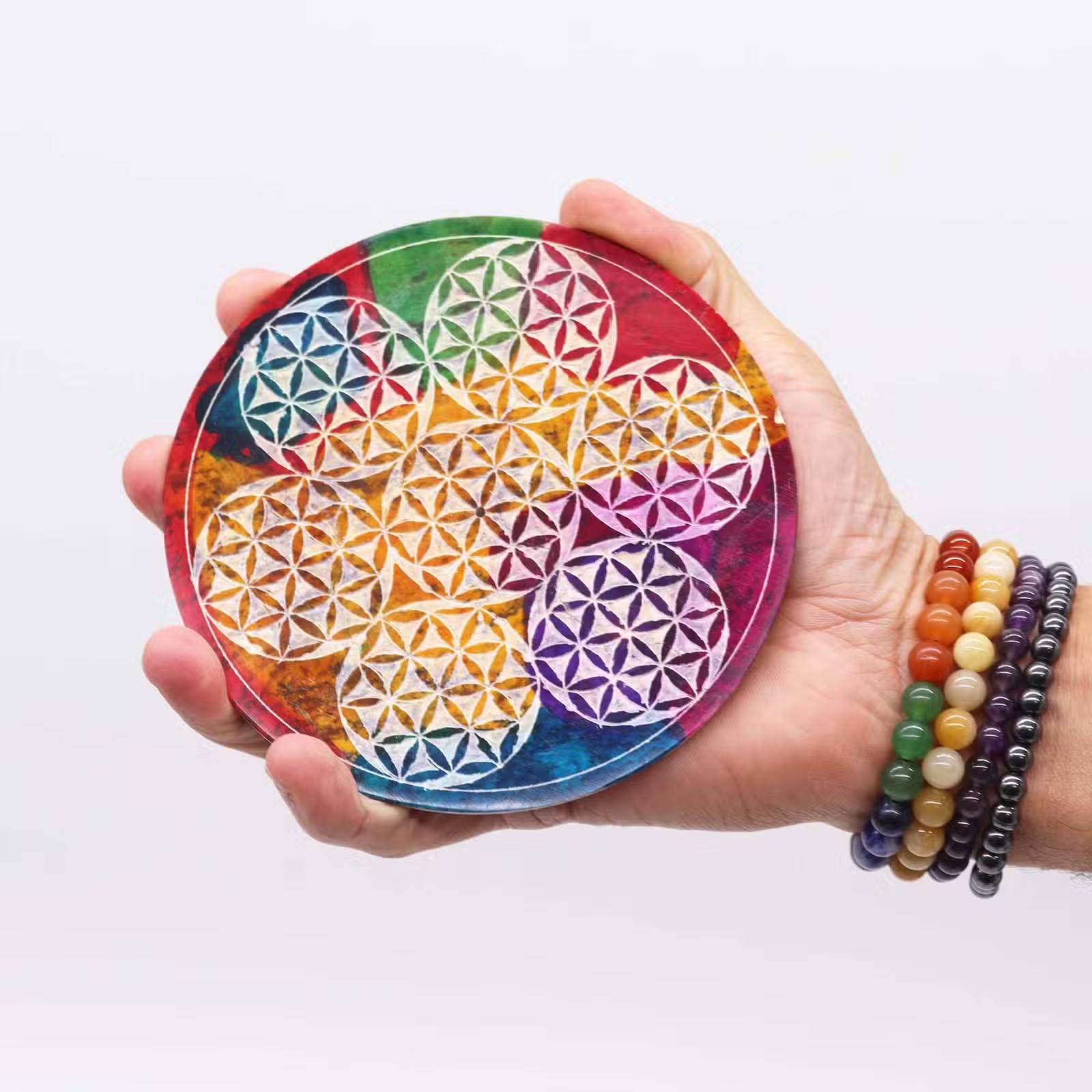 Colourful Soapstone 7 Flower of Life Incense Stick Holder (12cm)2