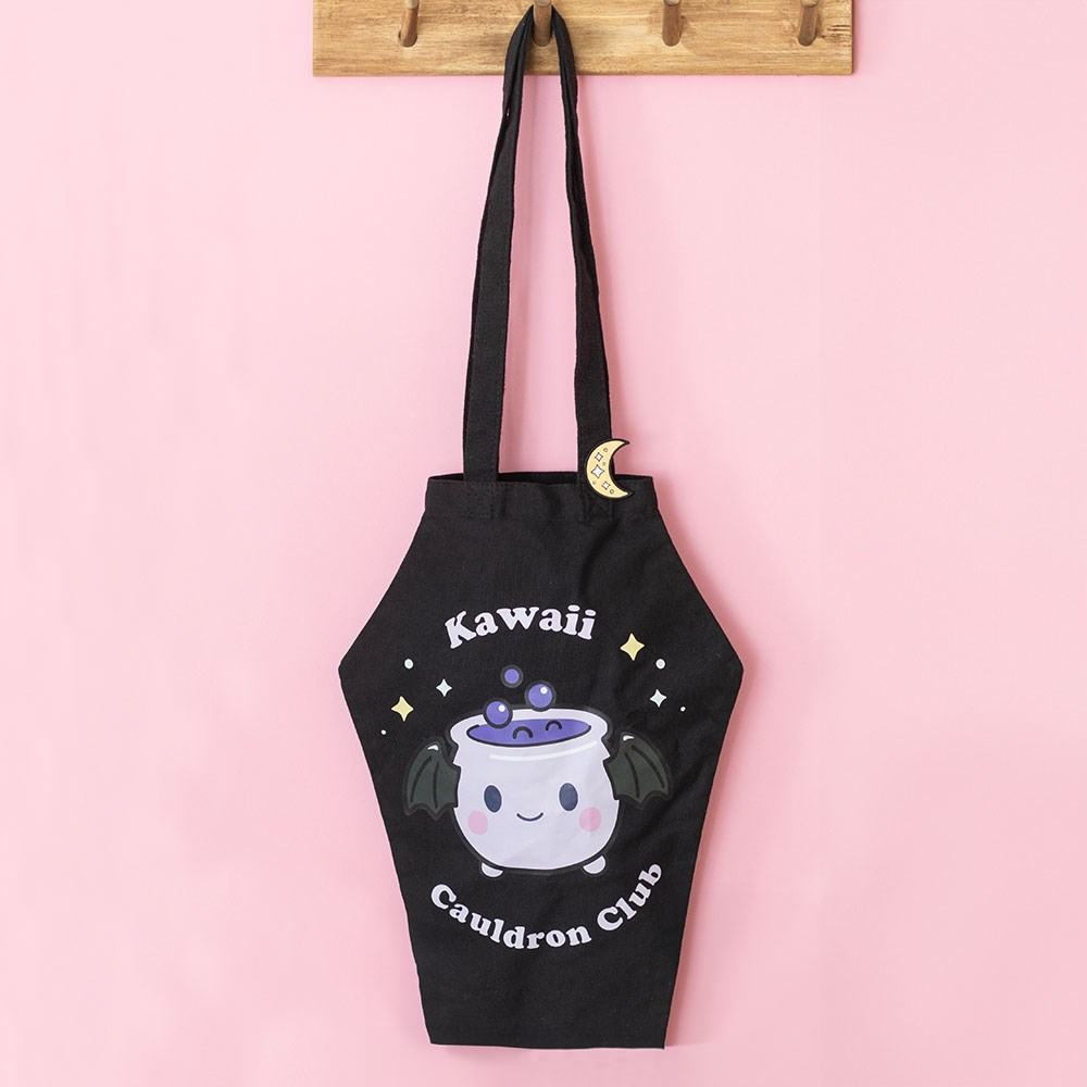 Kawaii Cauldron Club Coffin Tote Bag with Enamel Pin3