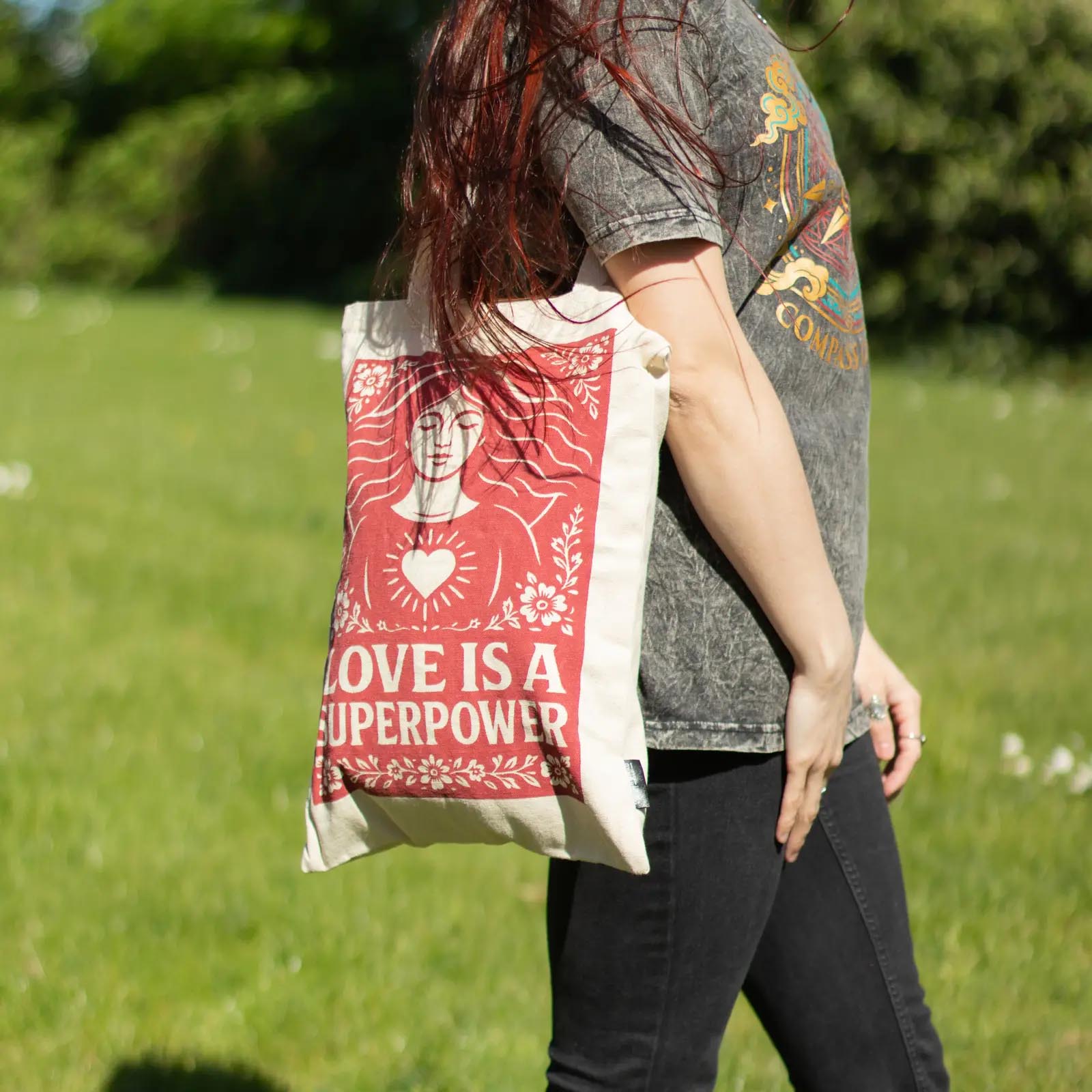 Nomad Sari 'Love is a Super Power' Natural Cotton Tote Bag1