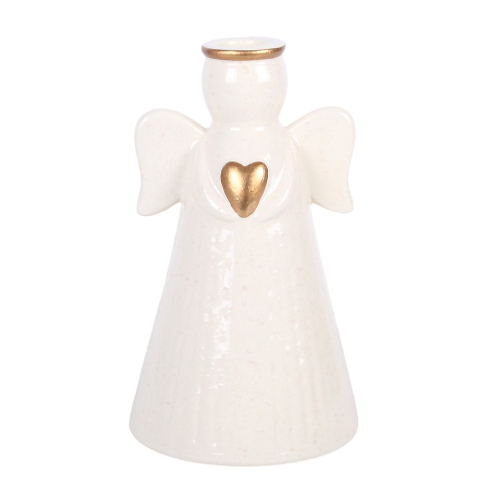 Off-White Gold Heart Angel Taper Candle Holder