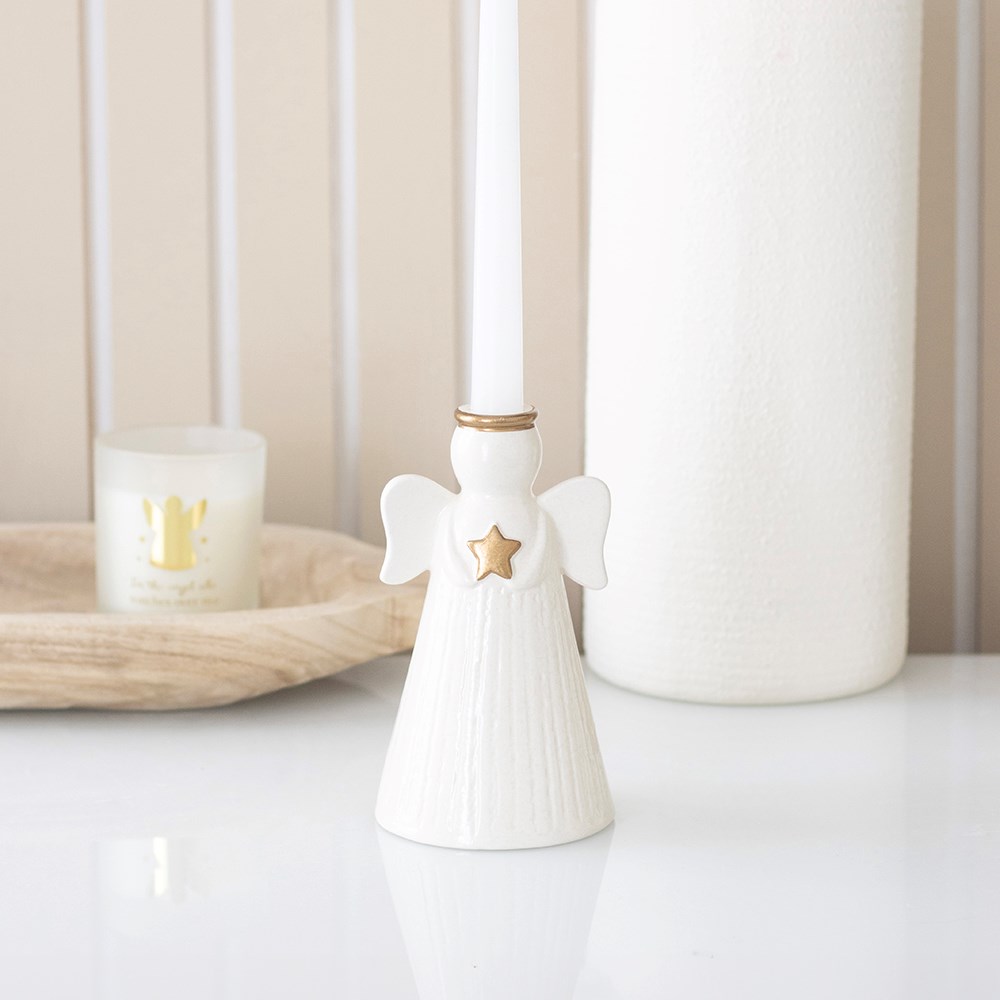 Off-White Gold Star Angel Taper Candle Holder1