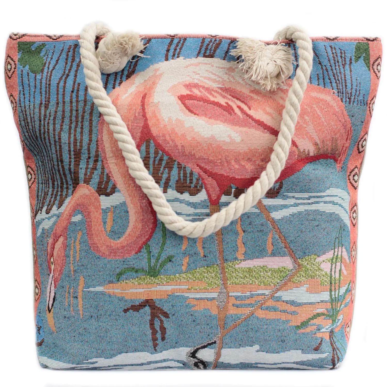 Pink Flamingo Rope Handle Canvas Tote Bag