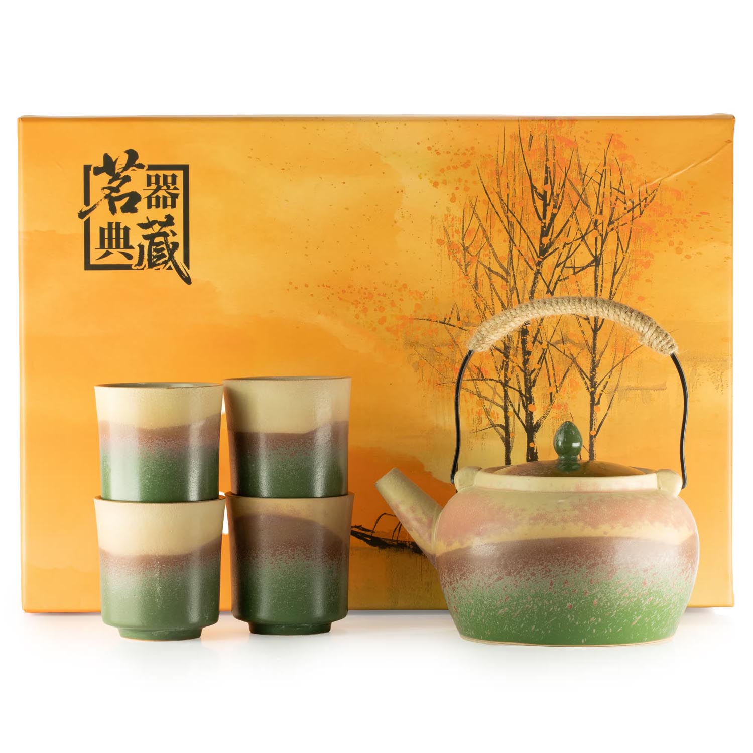 Japanese Kyusu Style Ceramic Tea Set with 4 Cups