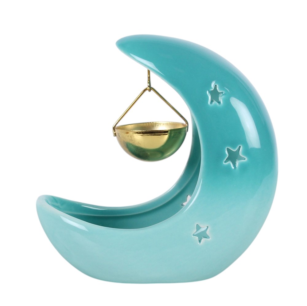 Blue Pastel Skies Crescent Moon Hanging Oil Burner with Gold Dish2