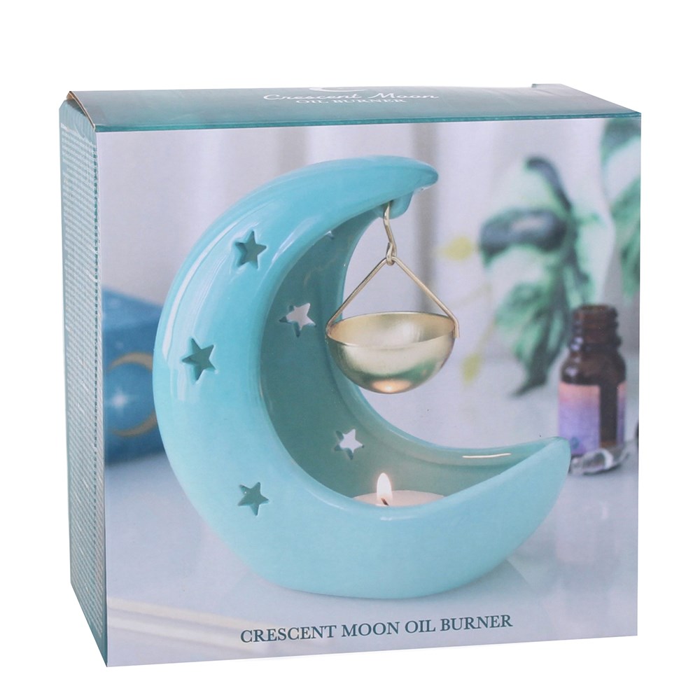 Blue Pastel Skies Crescent Moon Hanging Oil Burner with Gold Dish3