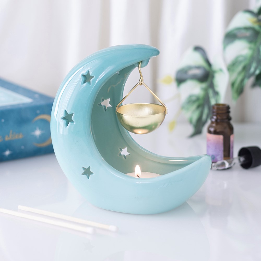 Blue Pastel Skies Crescent Moon Hanging Oil Burner with Gold Dish4