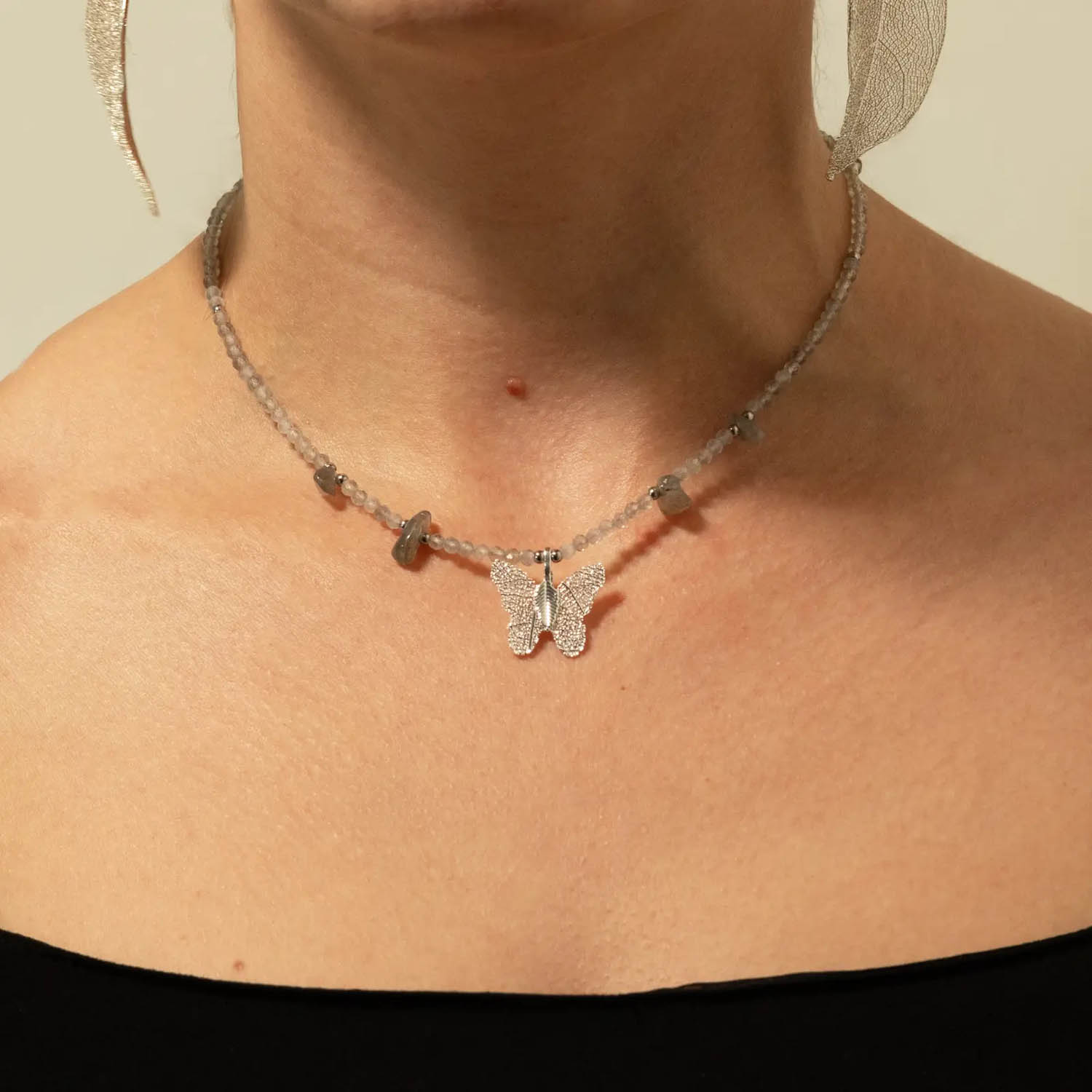 Nymph Labradorite Gemstone Necklace with Real Leaf Butterfly2