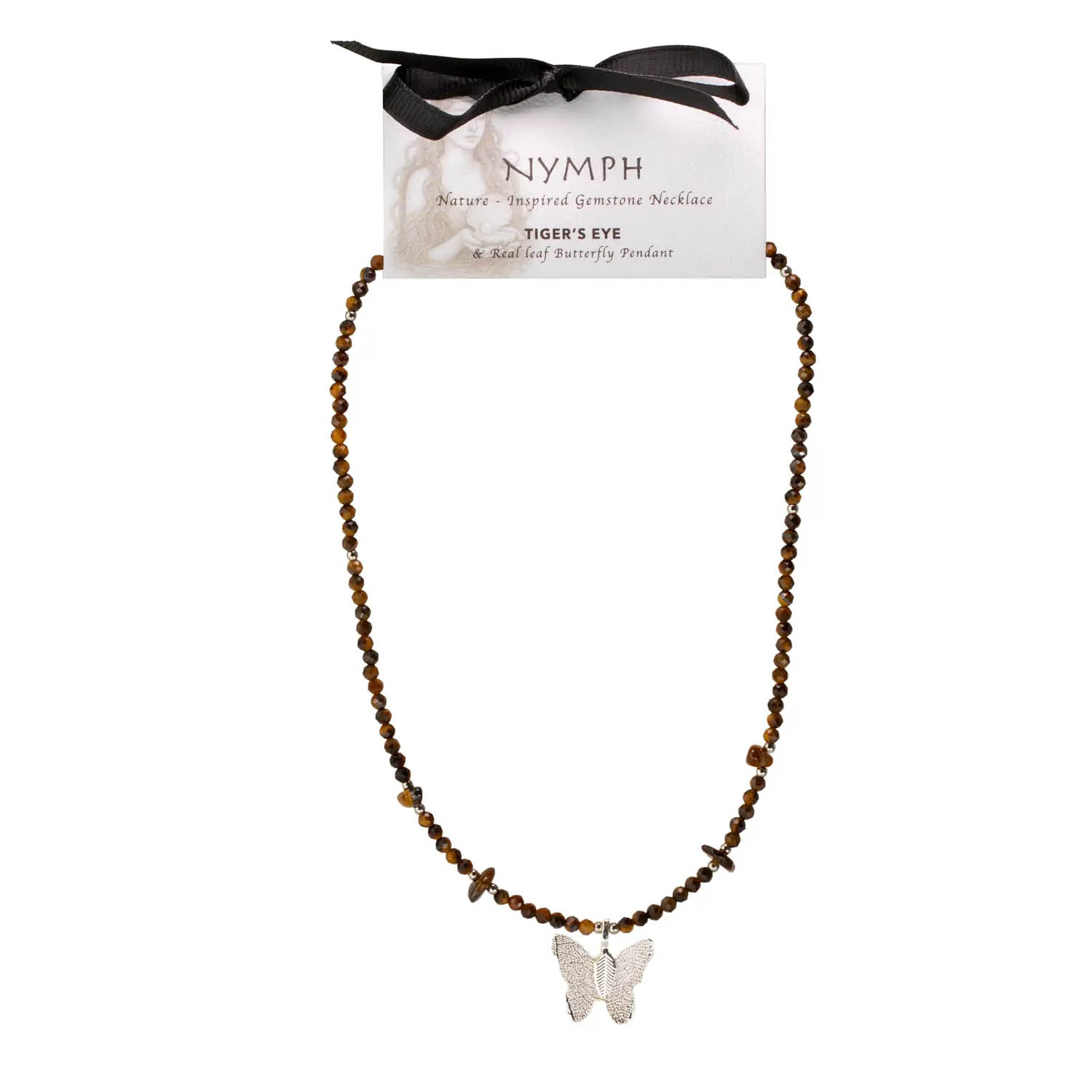 Nymph Tiger's Eye Gemstone Necklace with Real Leaf Butterfly