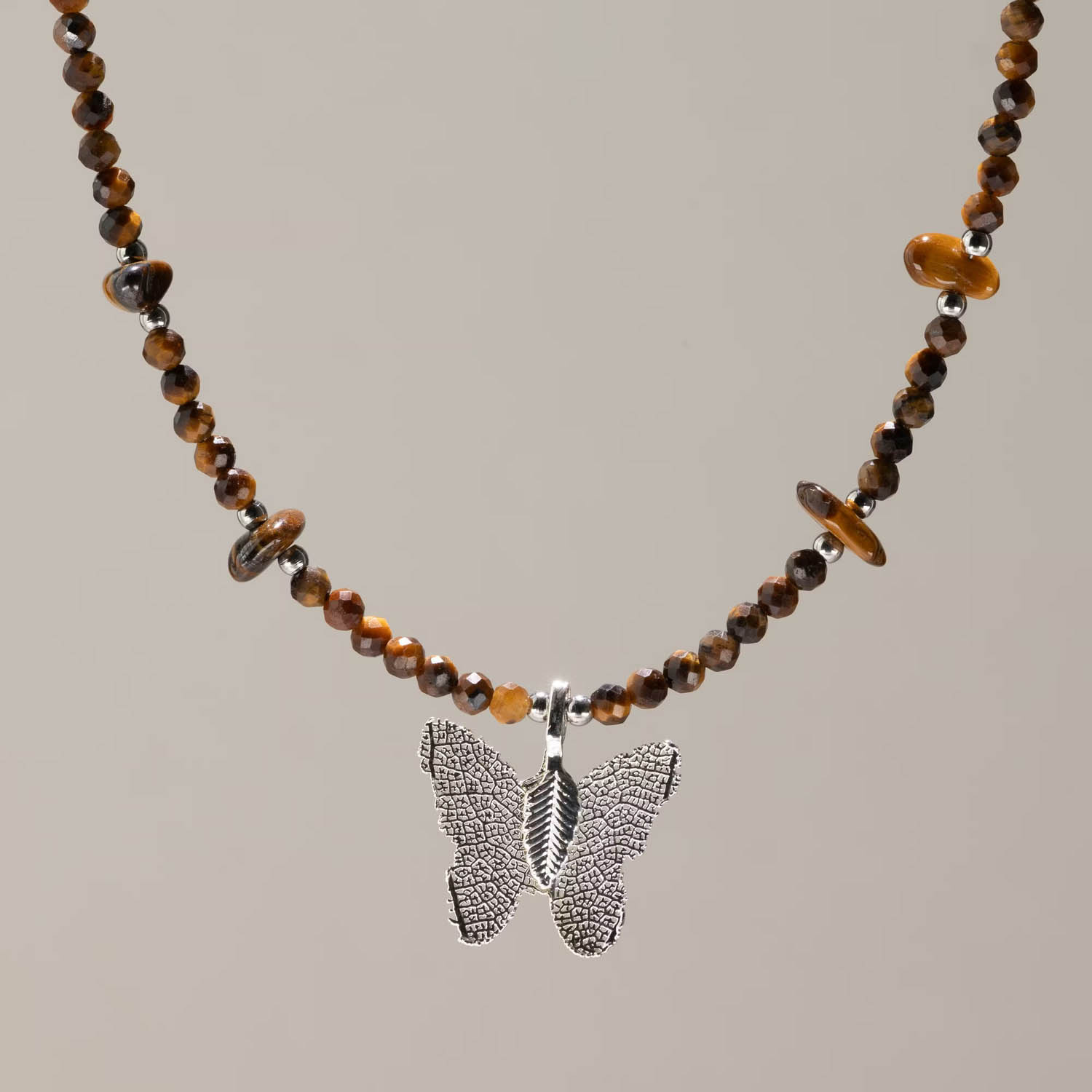 Nymph Tiger's Eye Gemstone Necklace with Real Leaf Butterfly1